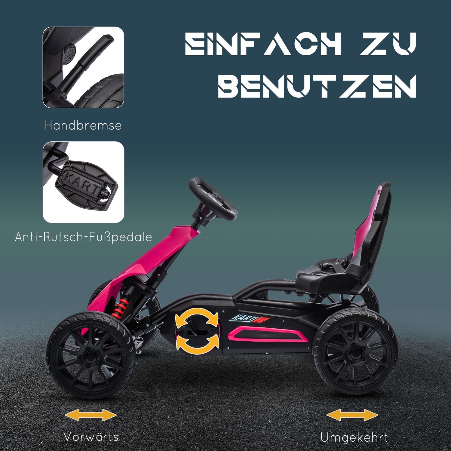 Rosa pedal gokart för barn 3-8 år, handbroms & justerbar sits