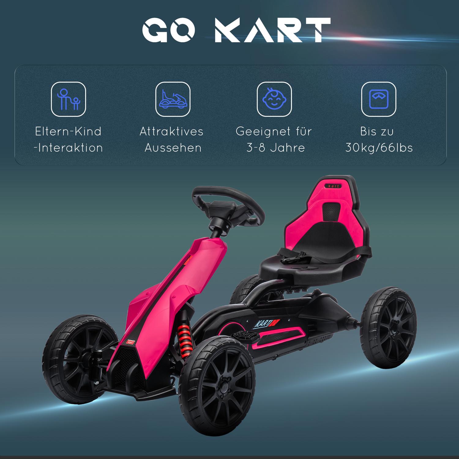 Rosa pedal gokart för barn 3-8 år, handbroms & justerbar sits