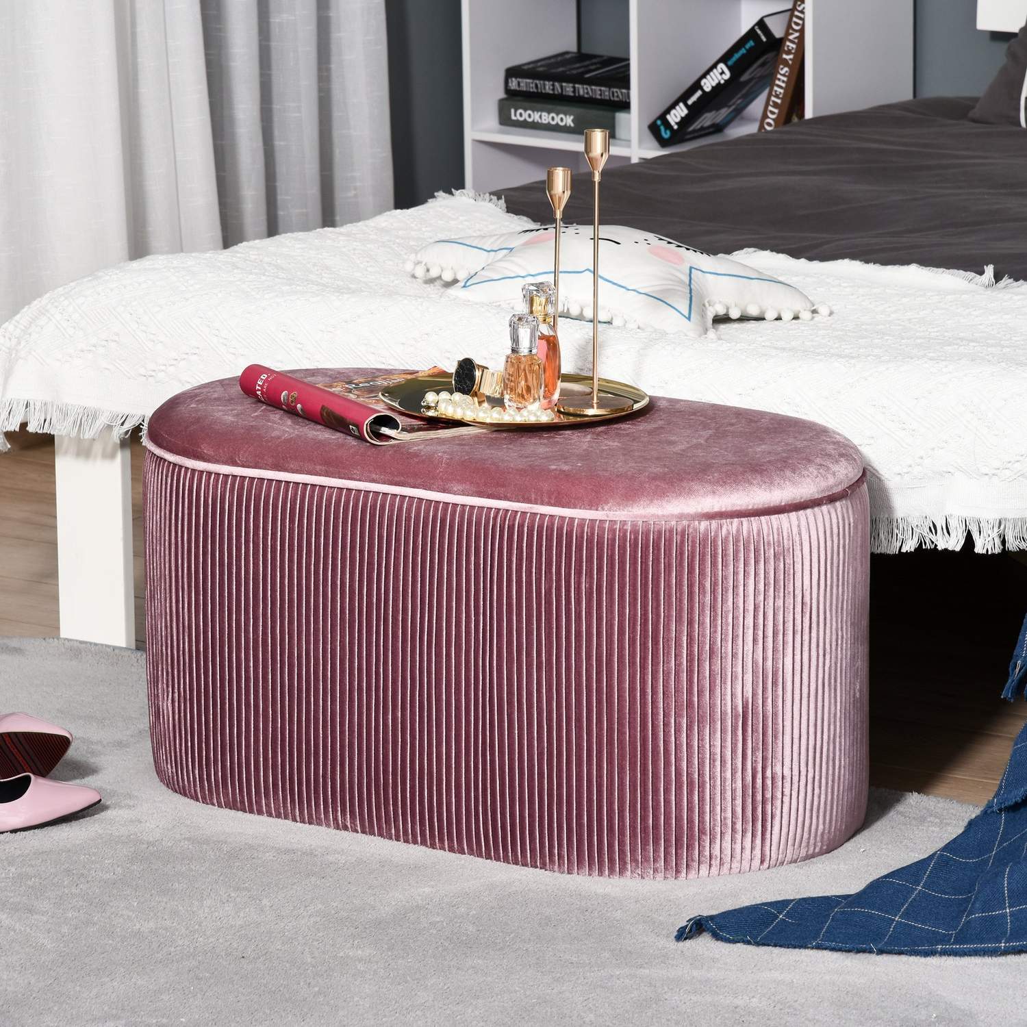 Rosa sammetstoppad förvaringsbänk – fransk stil, 81x40x41cm
