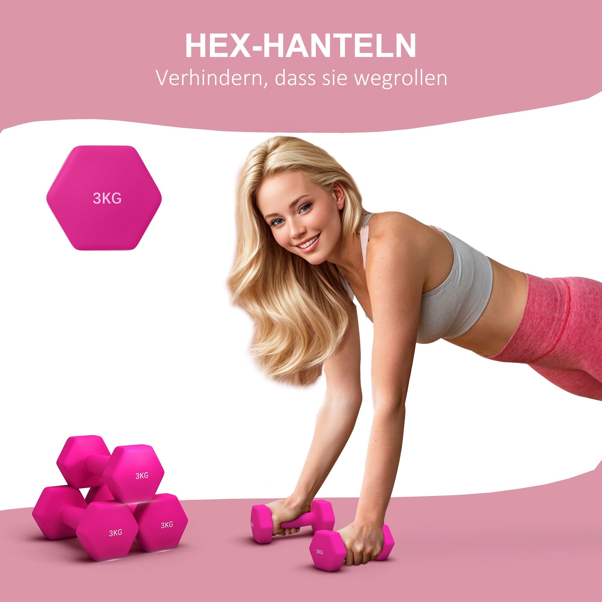 Rosa sexkantshantelset, 2 x 3 kg, halkfri, golvsäker