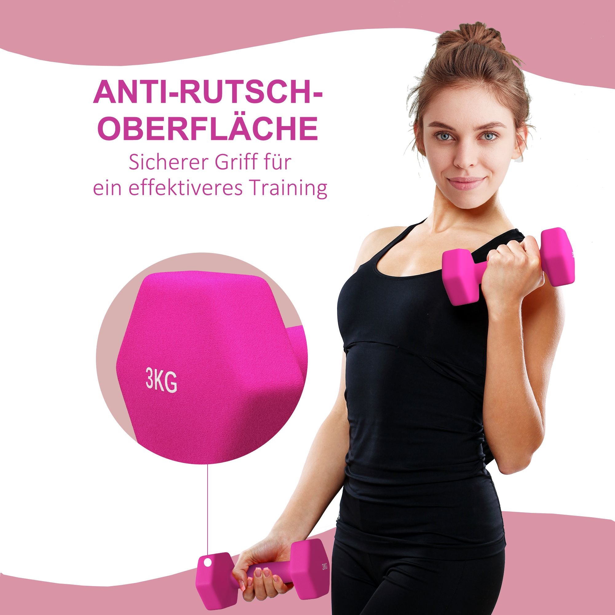 Rosa sexkantshantelset, 2 x 3 kg, halkfri, golvsäker