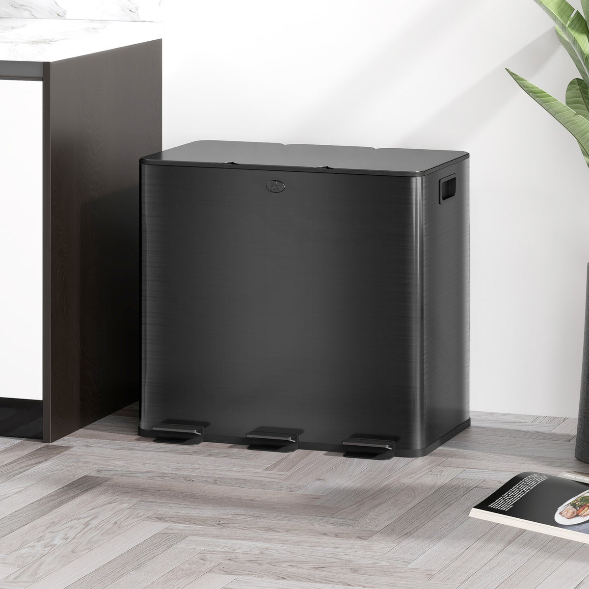 Poubelle à triple pédale en acier inoxydable, 3x15L, avec seaux intérieurs