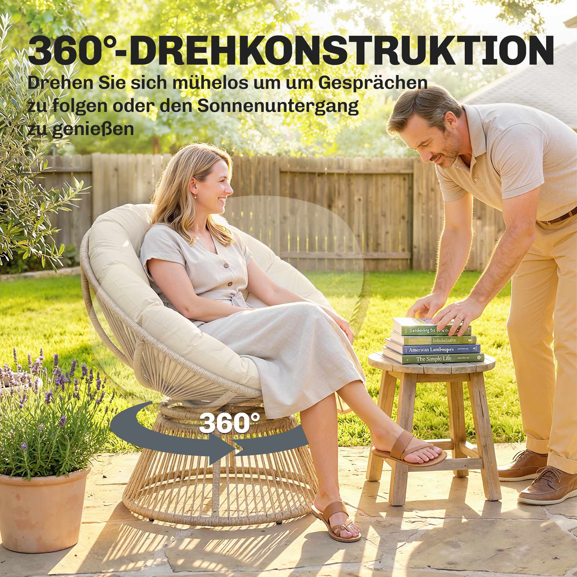 Roterande Papasan-stol med dyna, stålram, krämfärgad