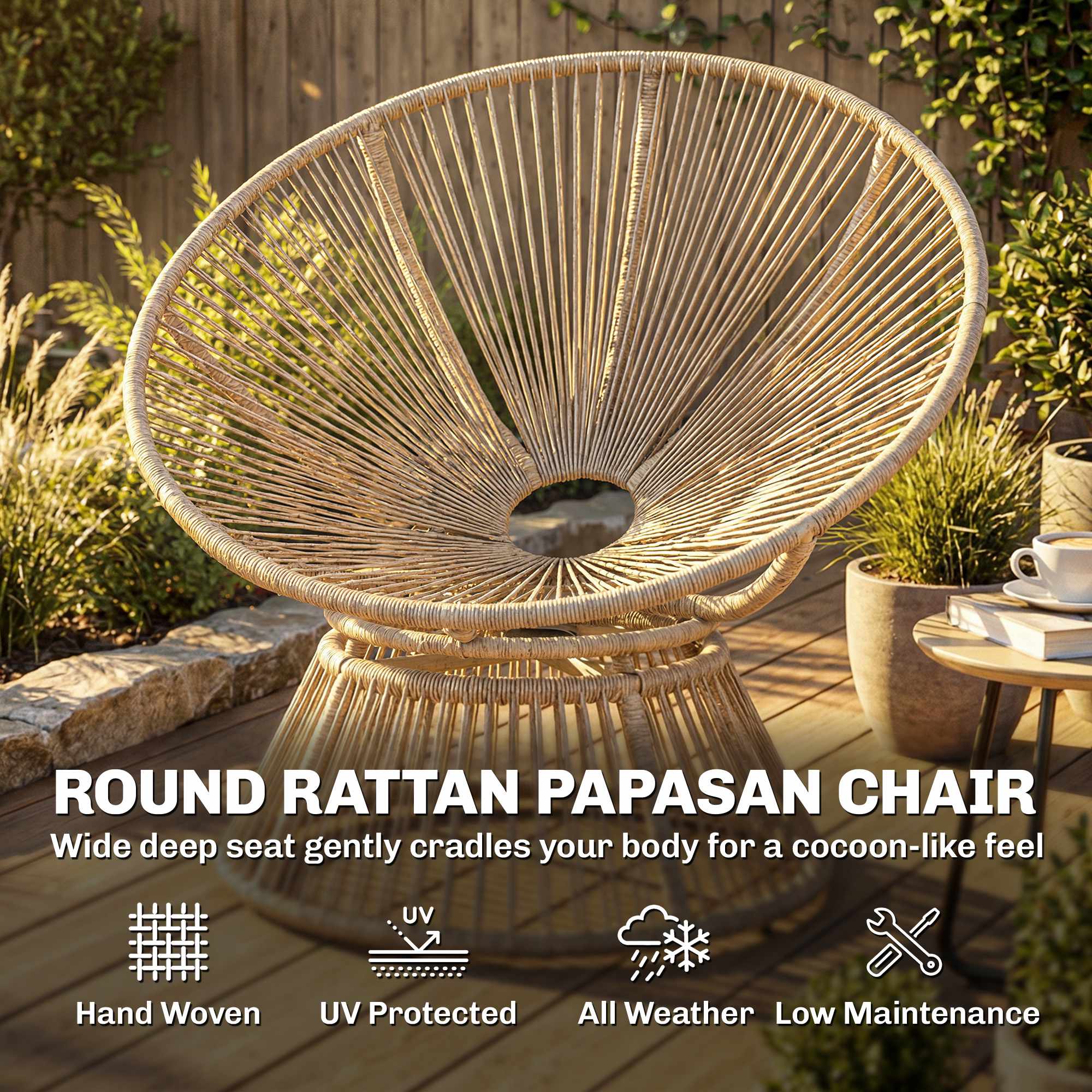 Roterande Papasan-stol med dyna, stålram, krämfärgad