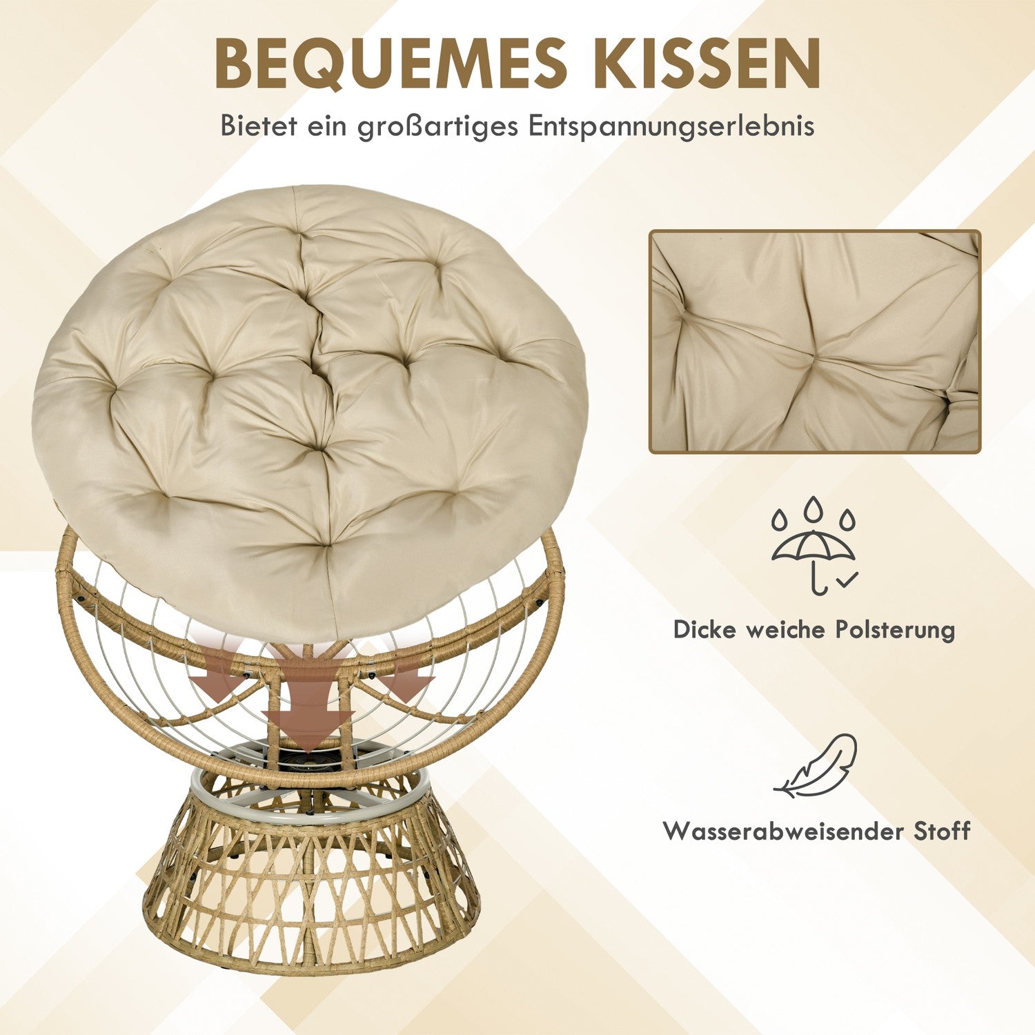 Rotting Rotting Papasan Stol med Dyna – Khaki, 360° justerbar