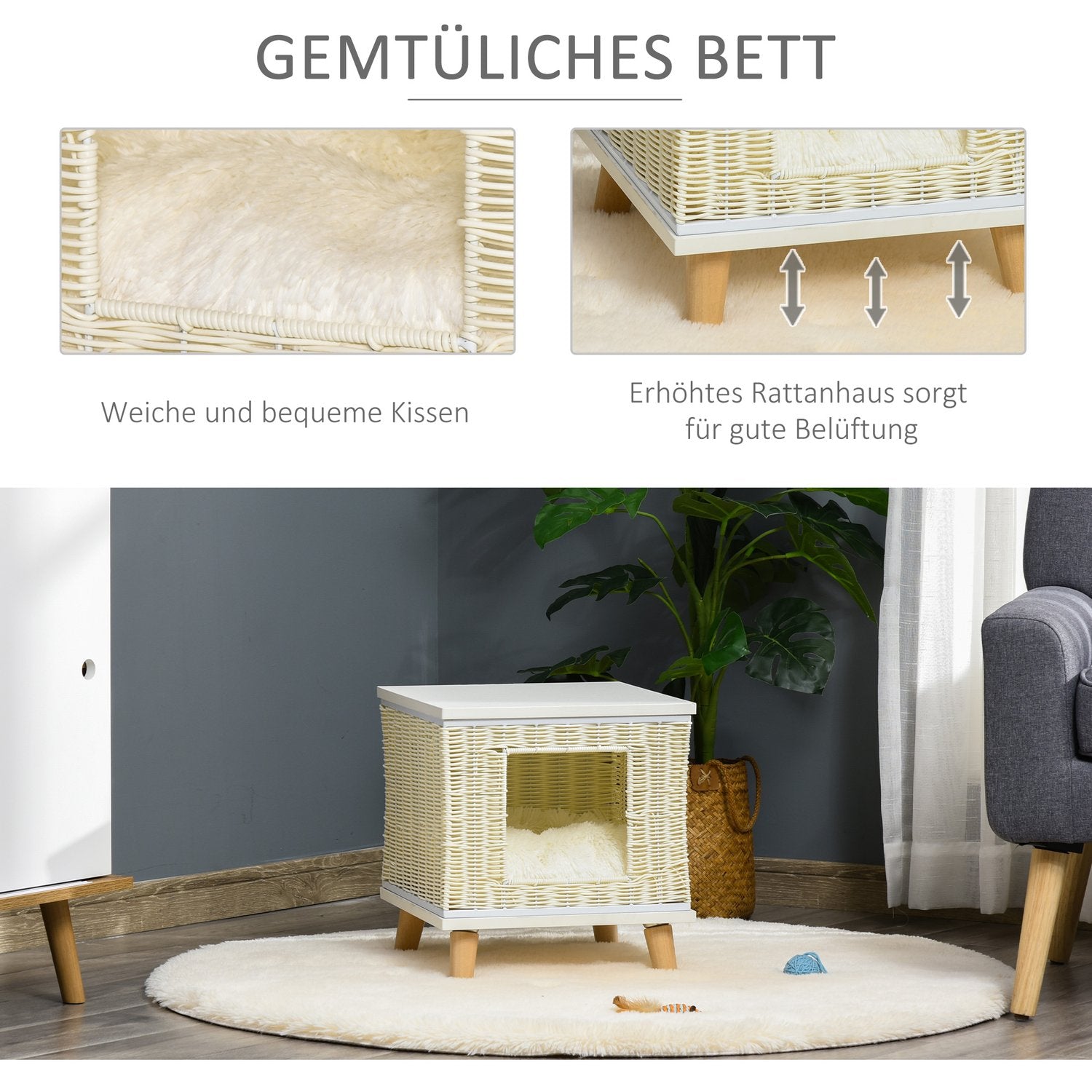 Rottingkattgrotta med kudde – naturlig, beige, vit