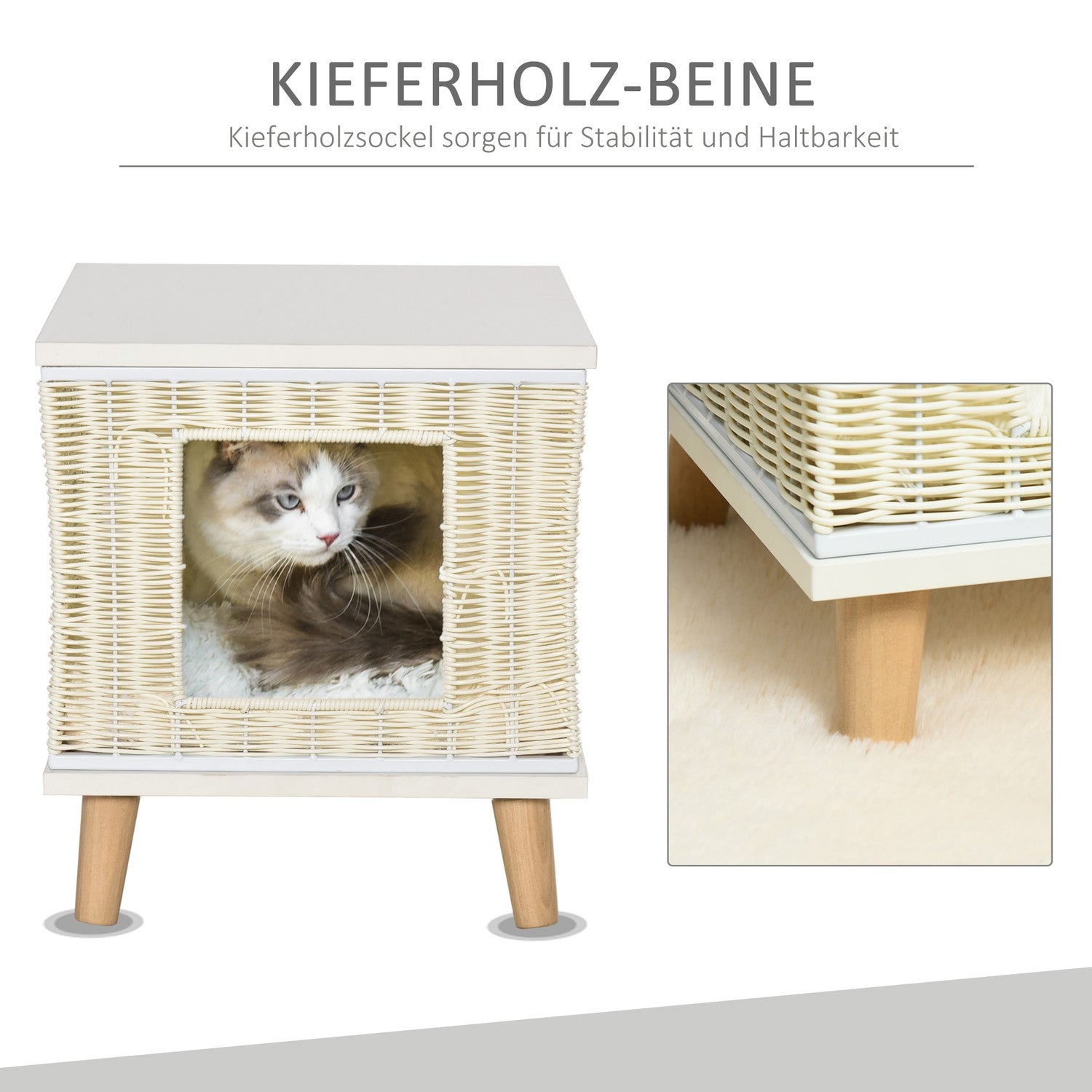 Rottingkattgrotta med kudde – naturlig, beige, vit
