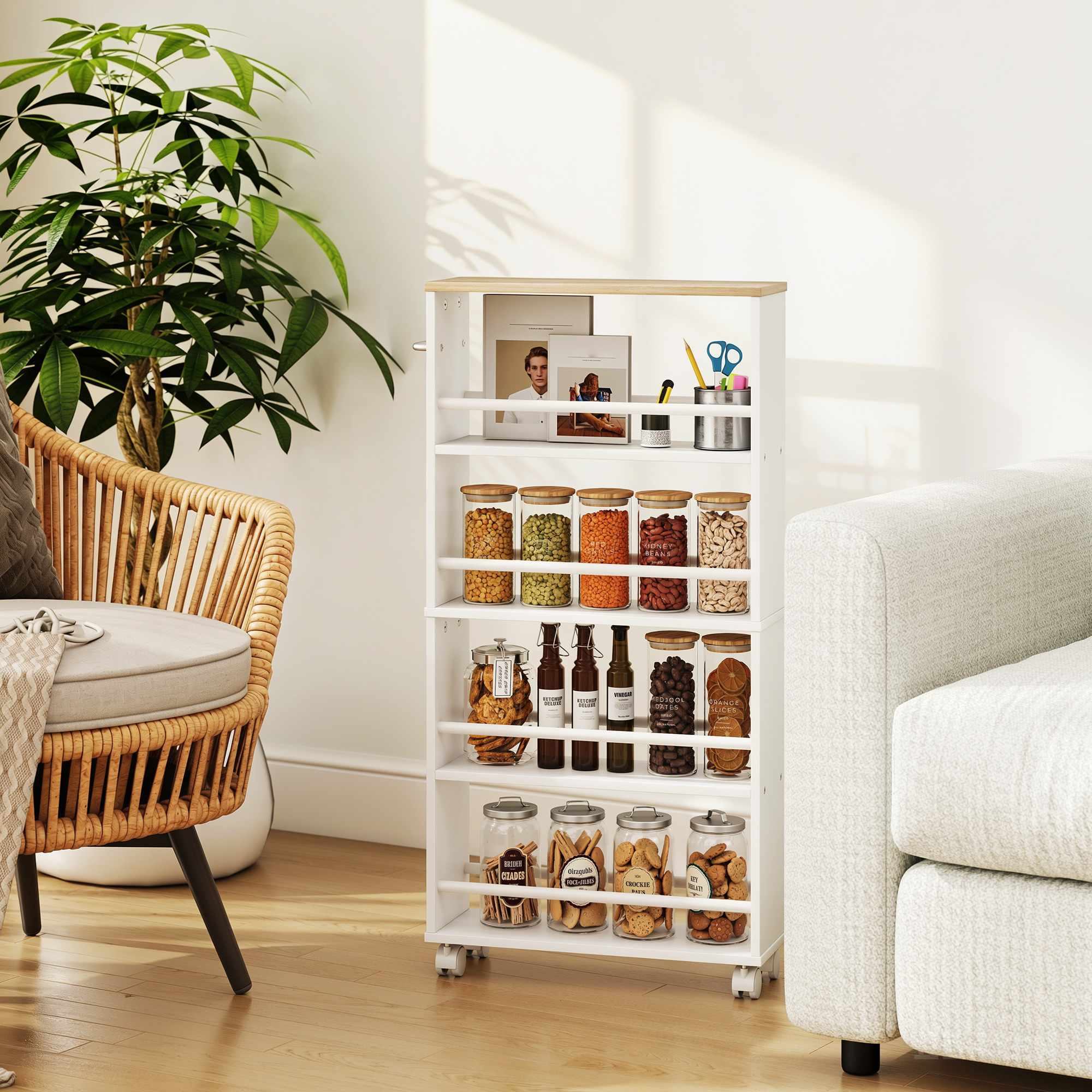 Rullande förvaringshylla, smal design, 4 våningar, 45x15x91 cm