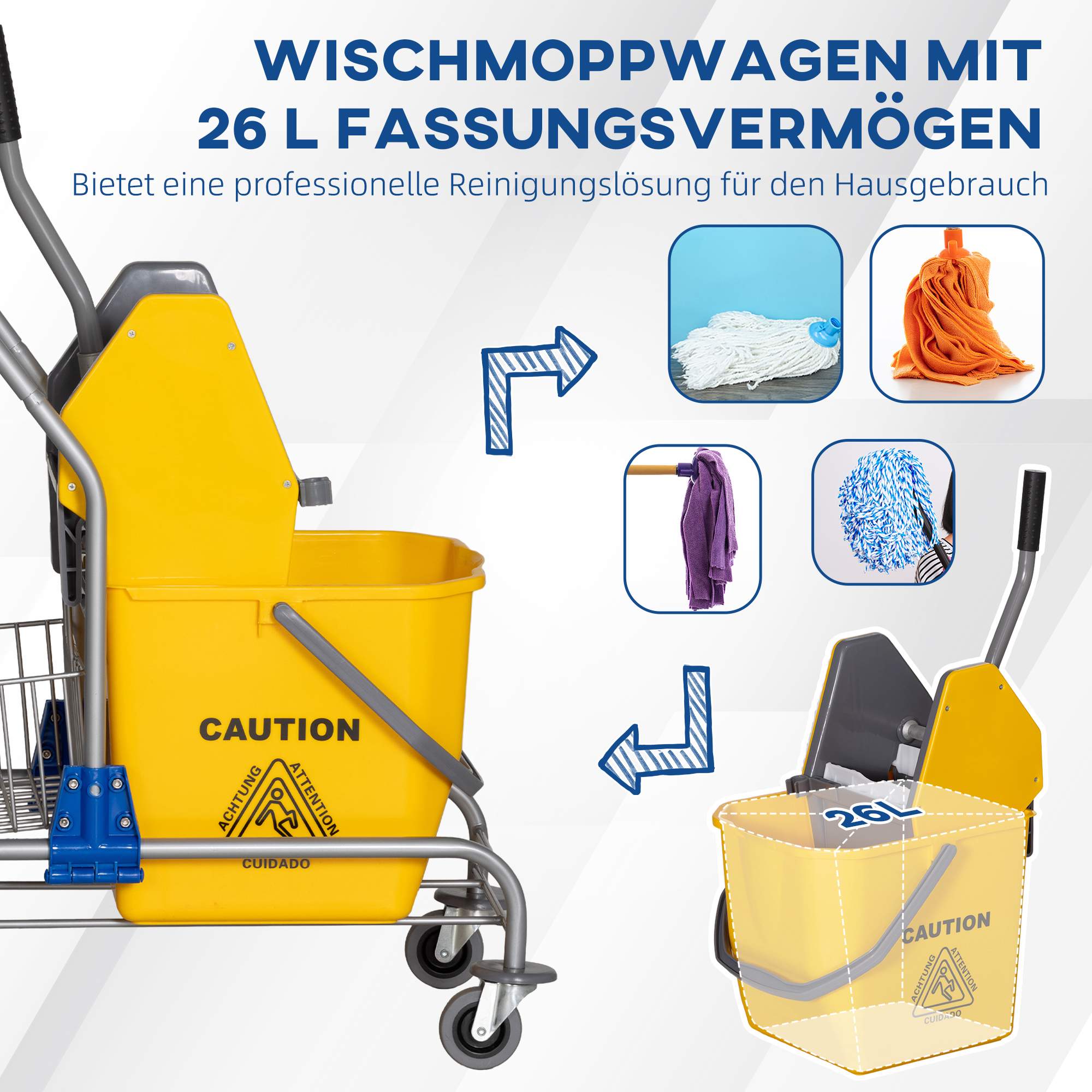 Rullande rengöringshink, 26L, plast, metallhandtag