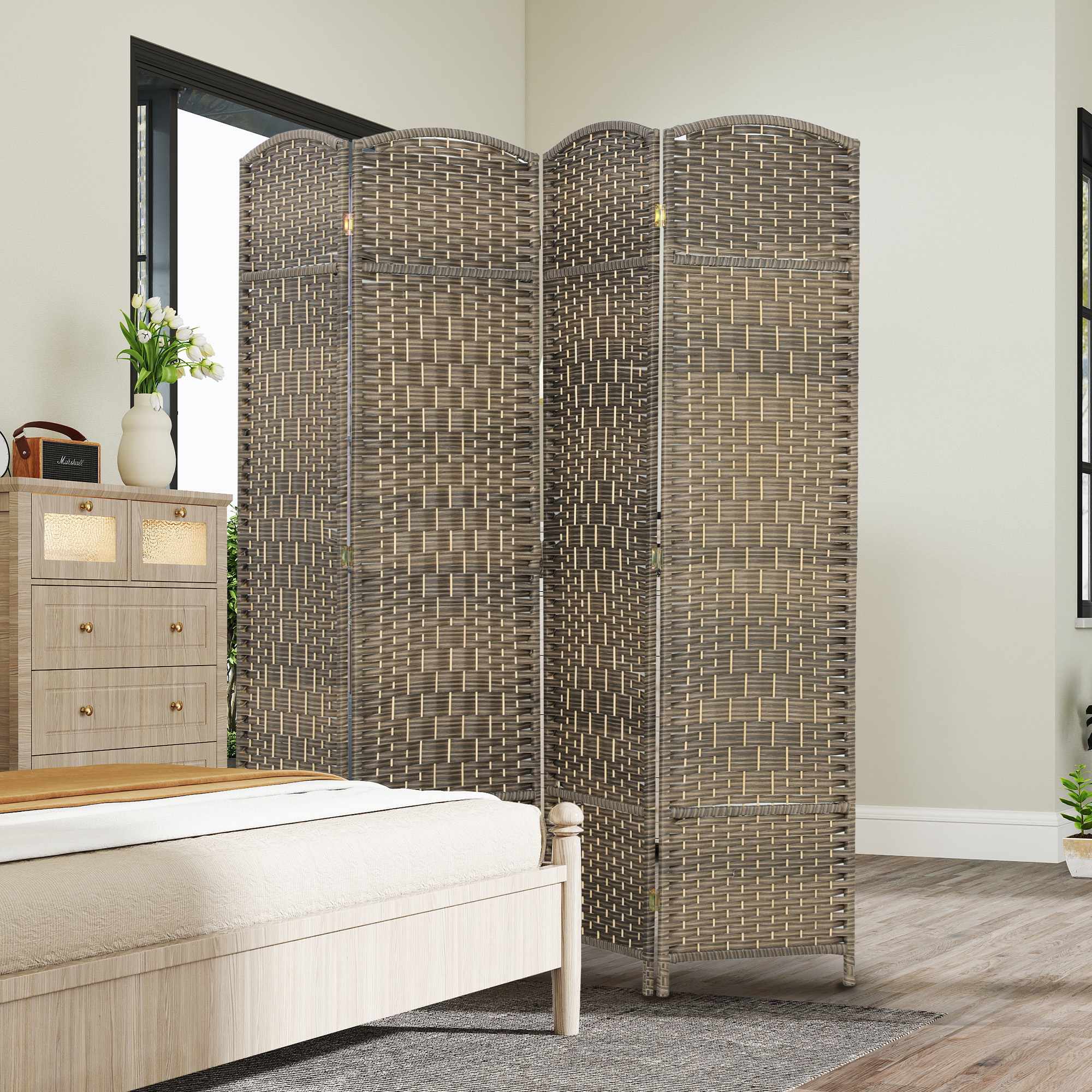 Rumsavdelare, 4-panels vikskärm, furu, svart