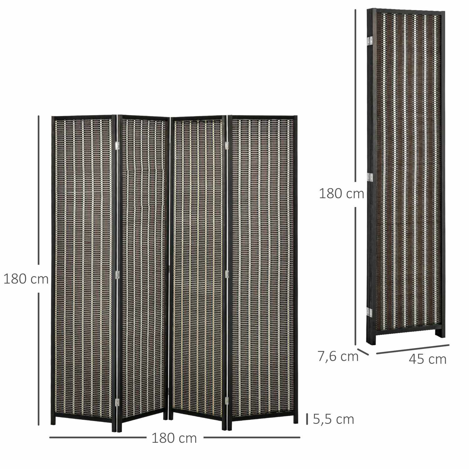 Rumsavdelare av bambu, 4-panel, 180x180 cm, Vikbar Brun