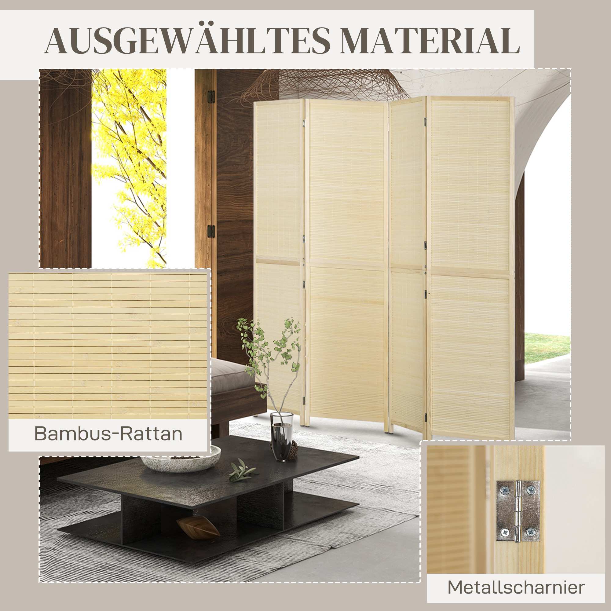 Rumsavdelare i bambu med 4 paneler, naturlig träfinish