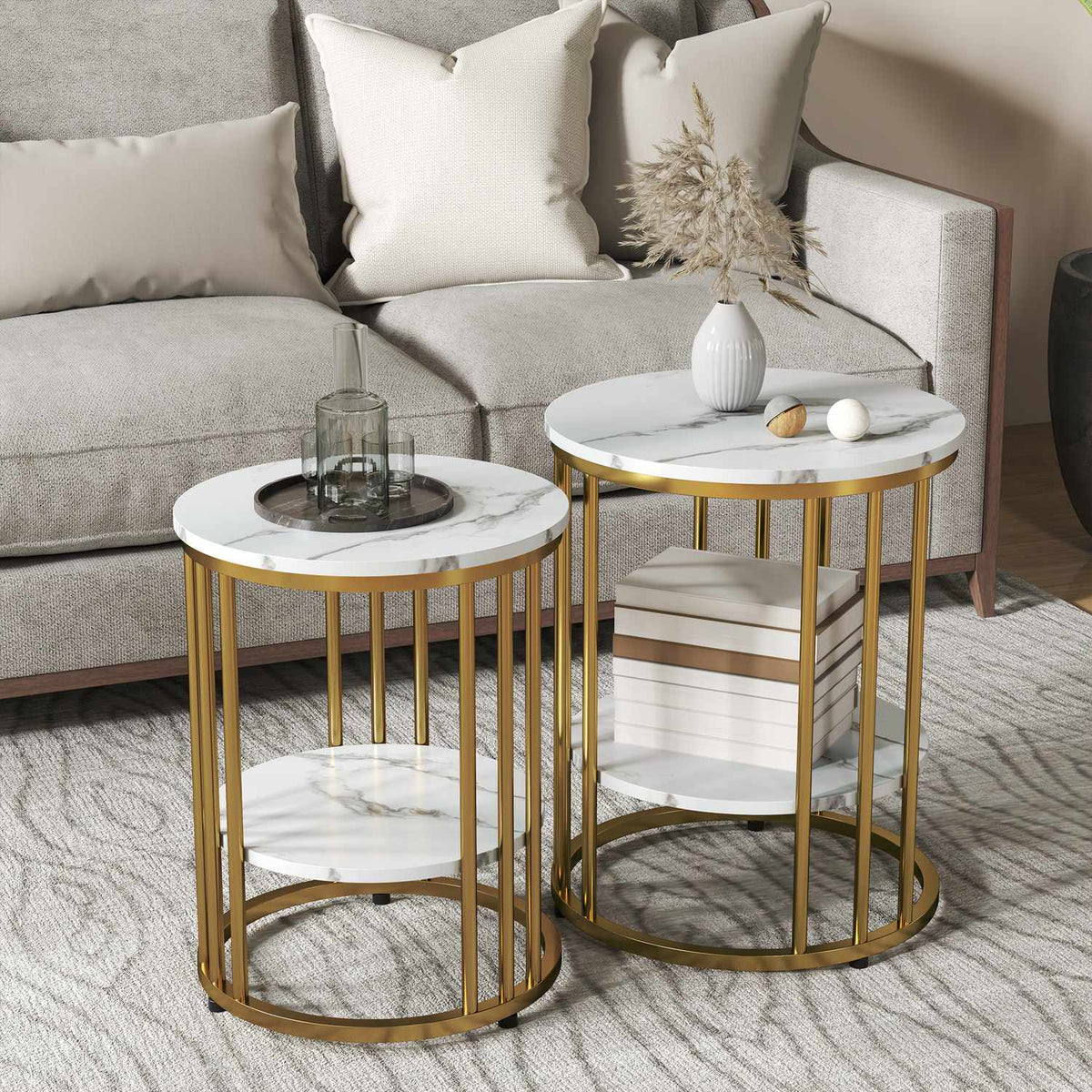 Runde Couchtische in weisser Marmoroptik mit Regal, 2er-Set
