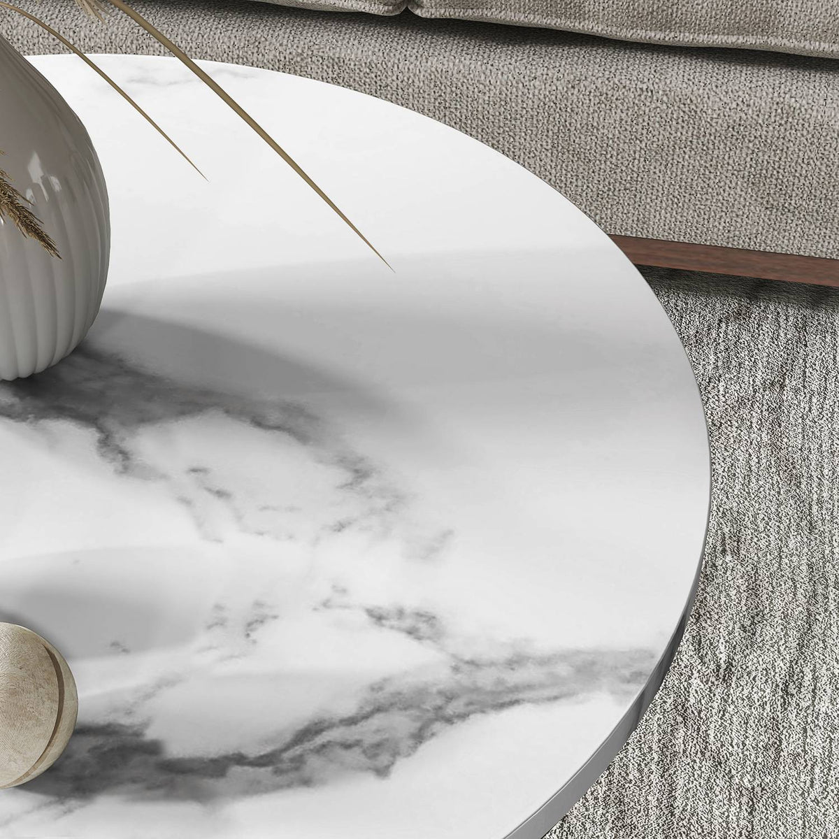 Runde Couchtische in weisser Marmoroptik mit Regal, 2er-Set