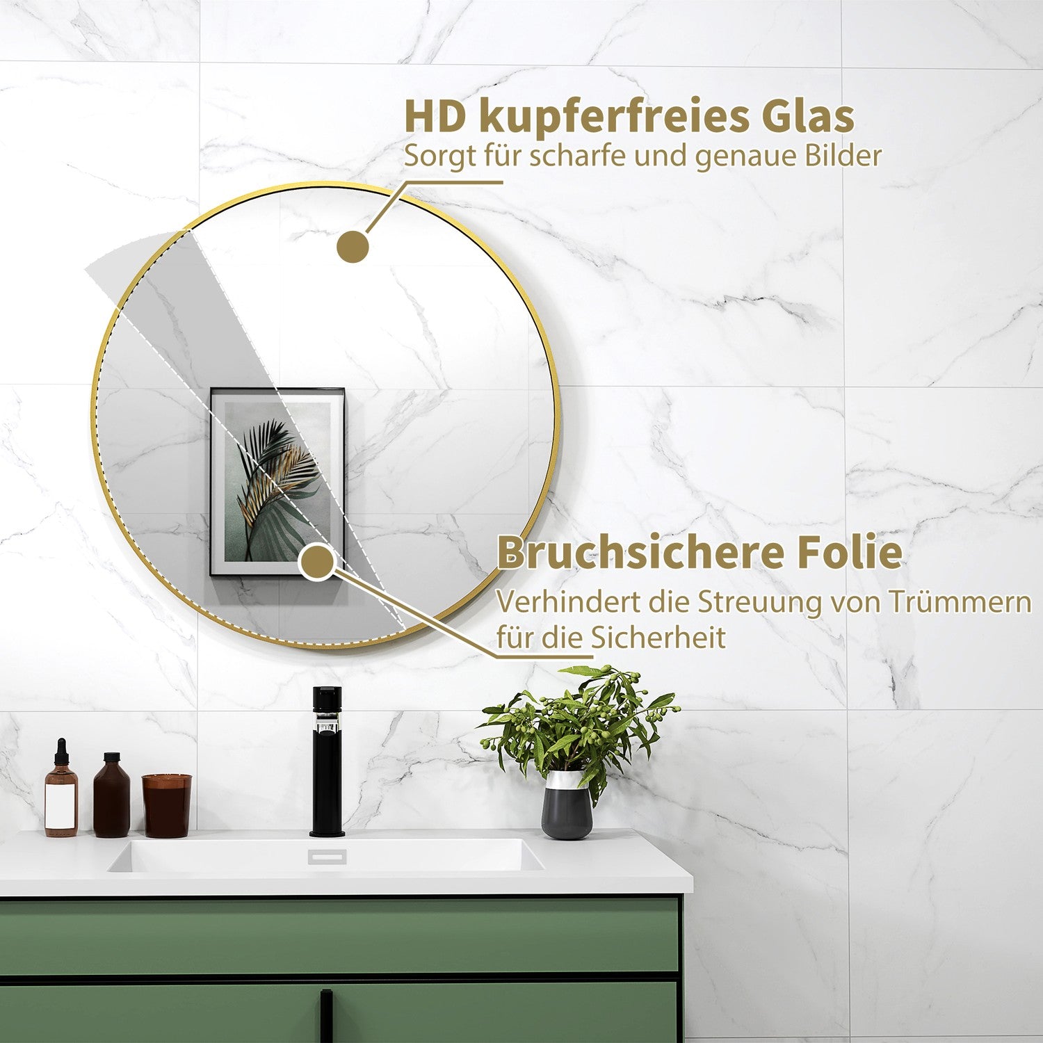 Rund badrumsspegel, 70x70 cm, Guldram, säkerhetsglas