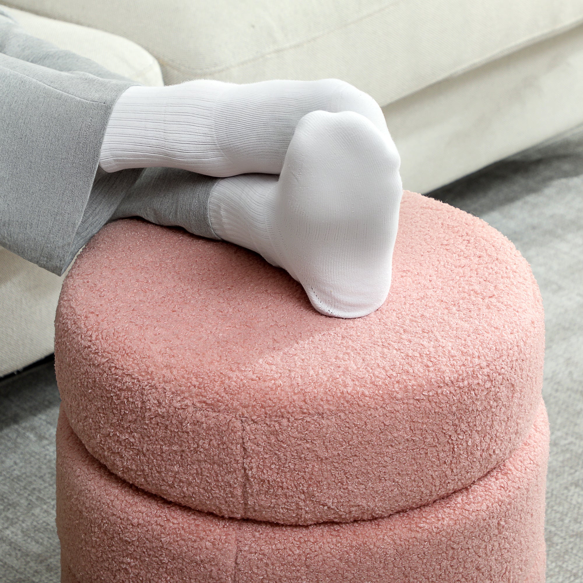 Rund ottomansk, Teddy Fleece, Rosa, 120 kg Kapacitet, 40x45 cm