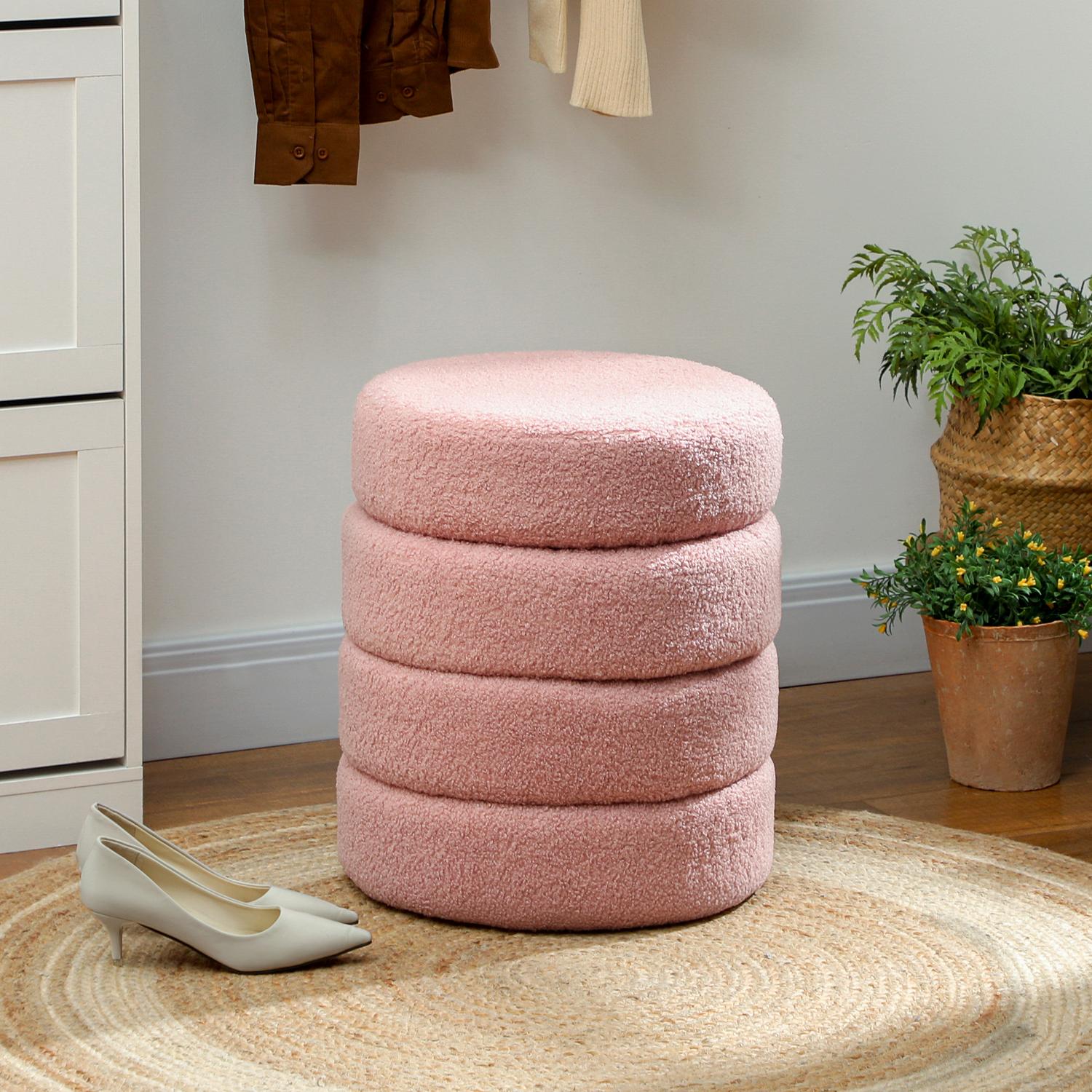 Rund ottomansk, Teddy Fleece, Rosa, 120 kg Kapacitet, 40x45 cm