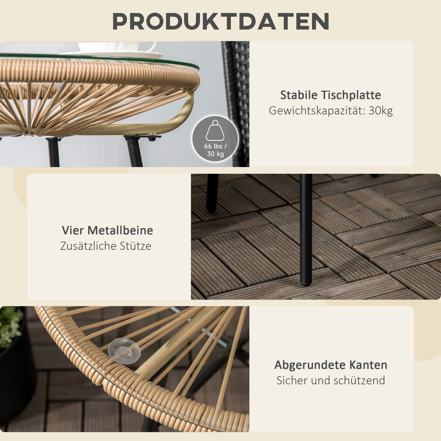Runt bistrobord för trädgård eller uteplats, svart & beige, 50 cm