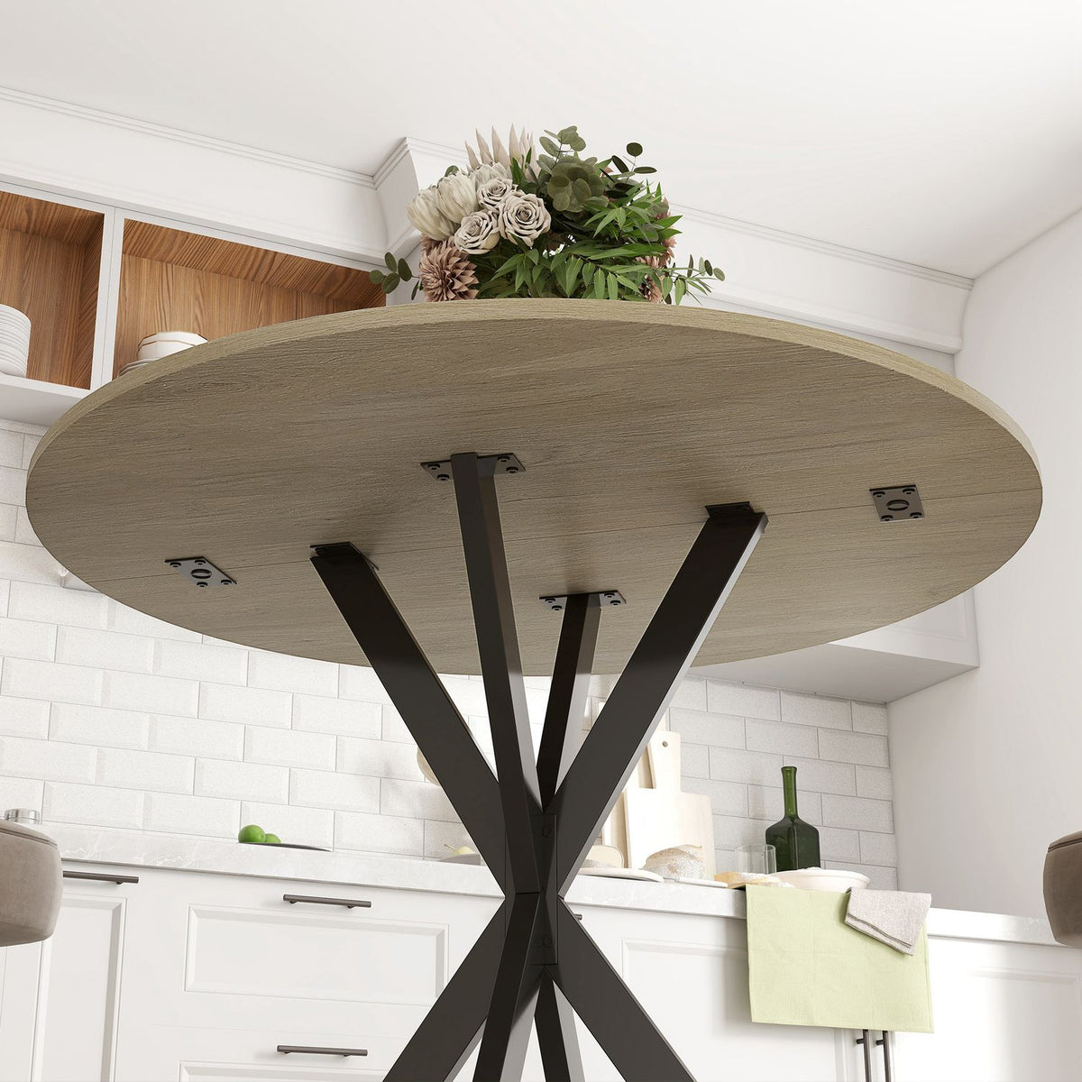 Runt köksbord, 80 cm, kompakt bordsskiva, spånskiva, metall, vit ek+svart