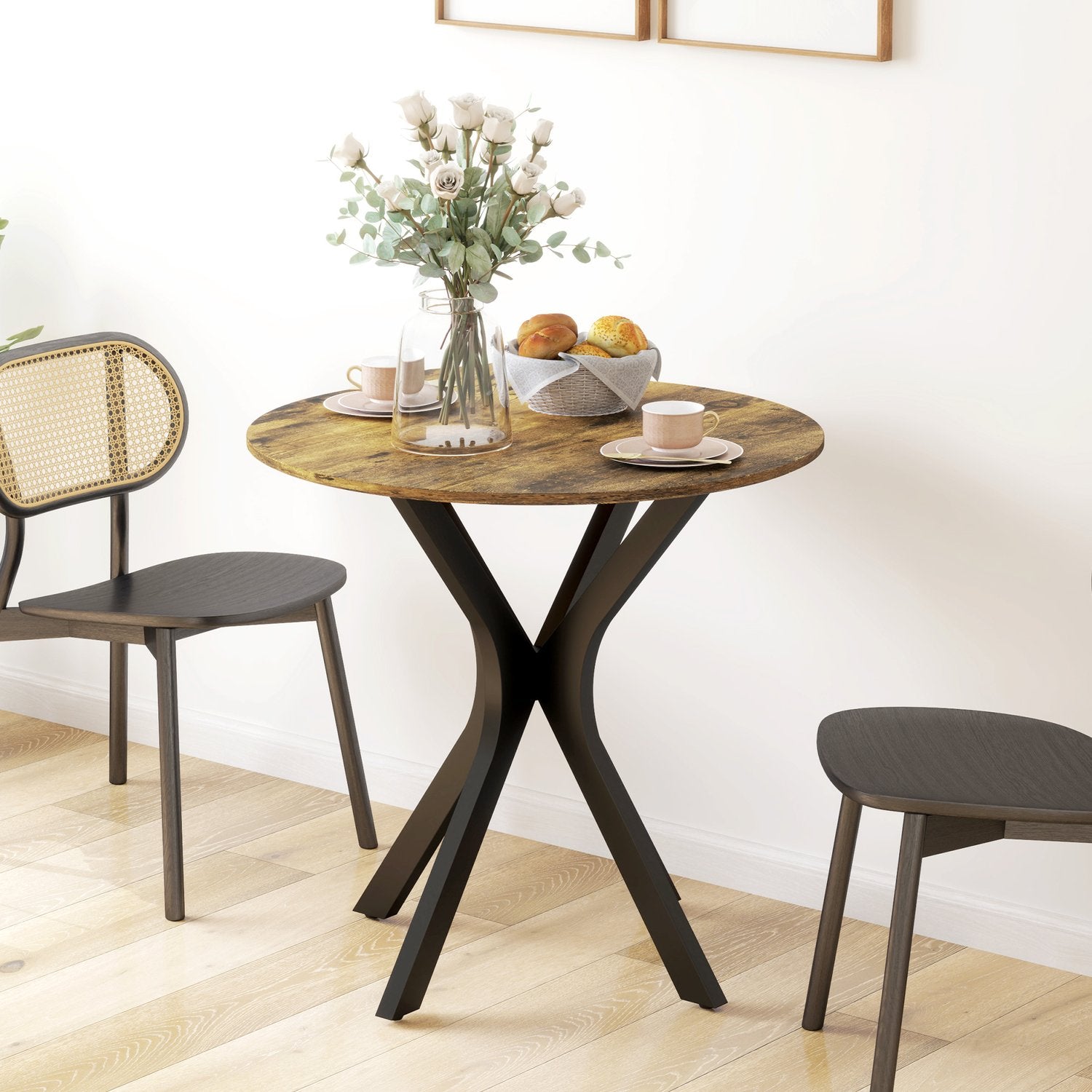 Runt matbord, Modern Rustik Brun, Stålstomme, Ø78 x 75 cm