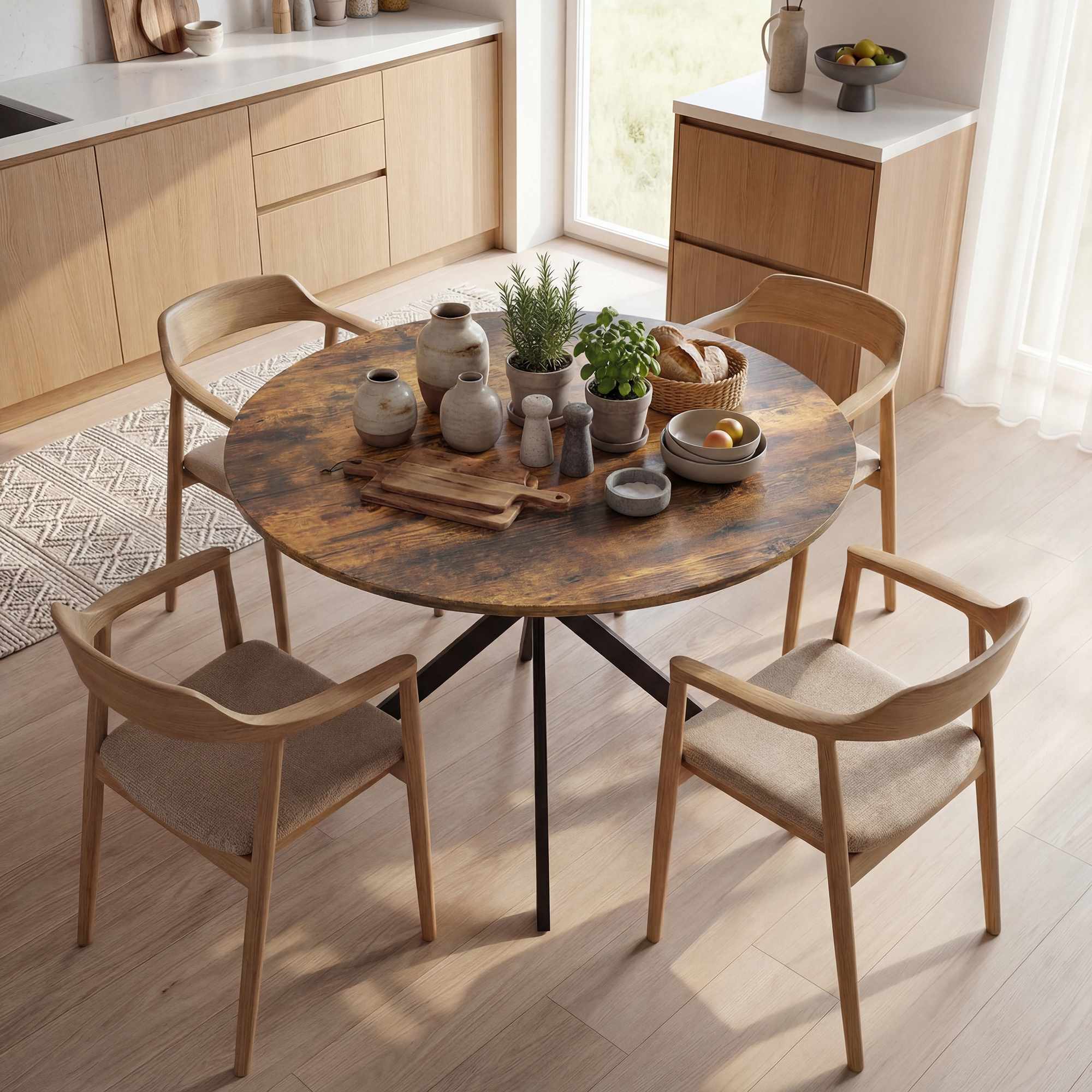 Runt matbord, träliknande yta, plats för 4, Ø100 cm