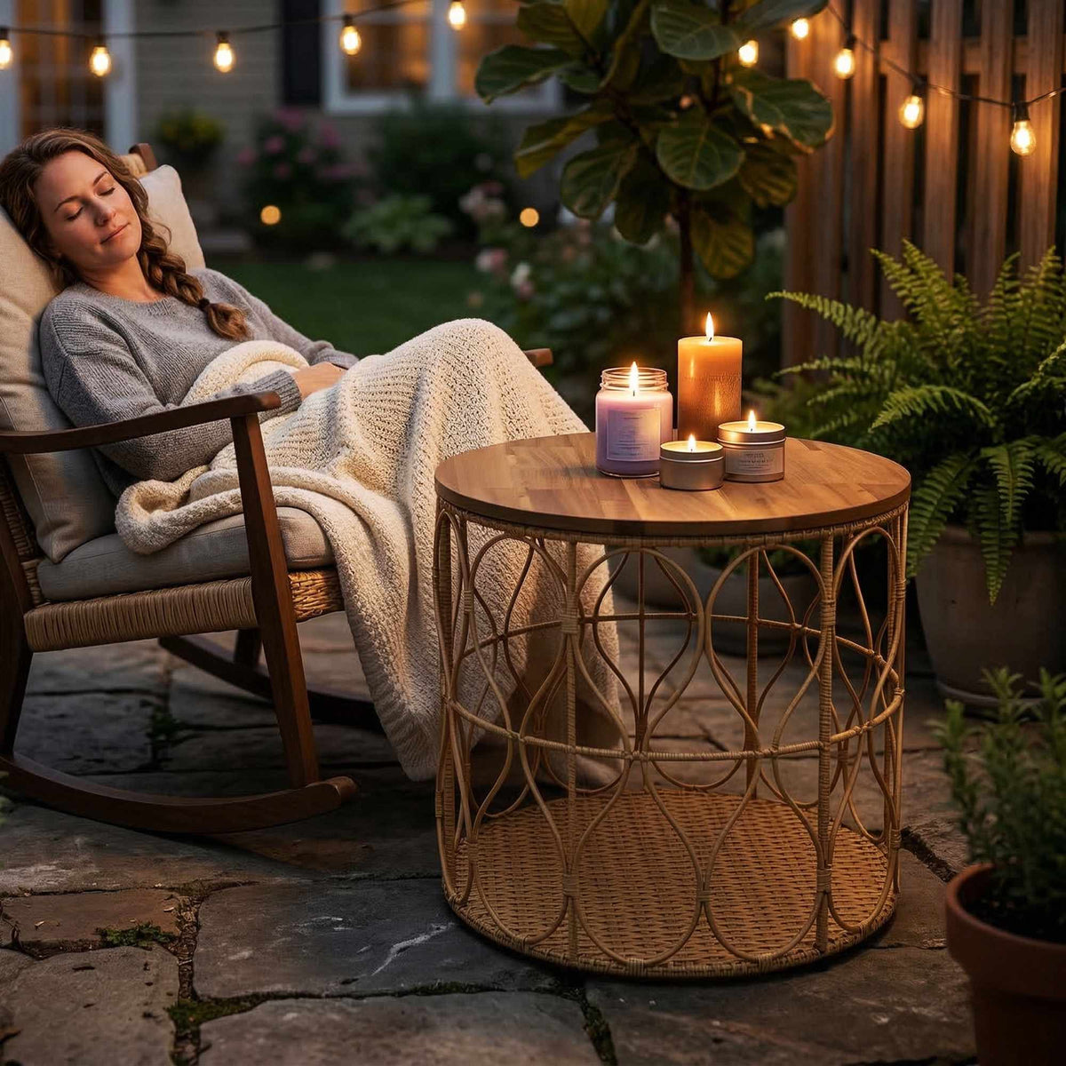 Runt sidobord för utomhusbruk, skiva i akaciaträ, rottinglook