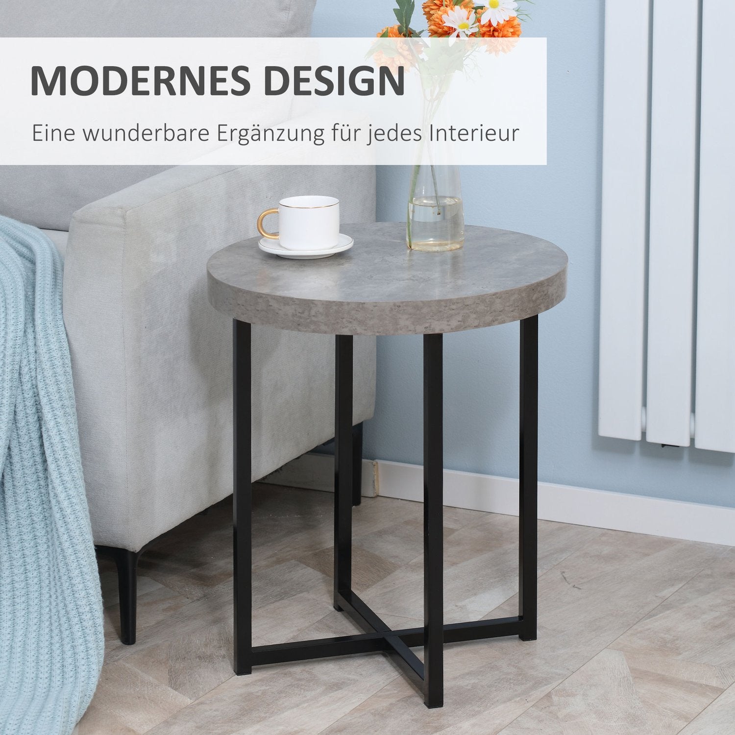 Runt sidobord i betonglook med öppen hylla, grå MDF