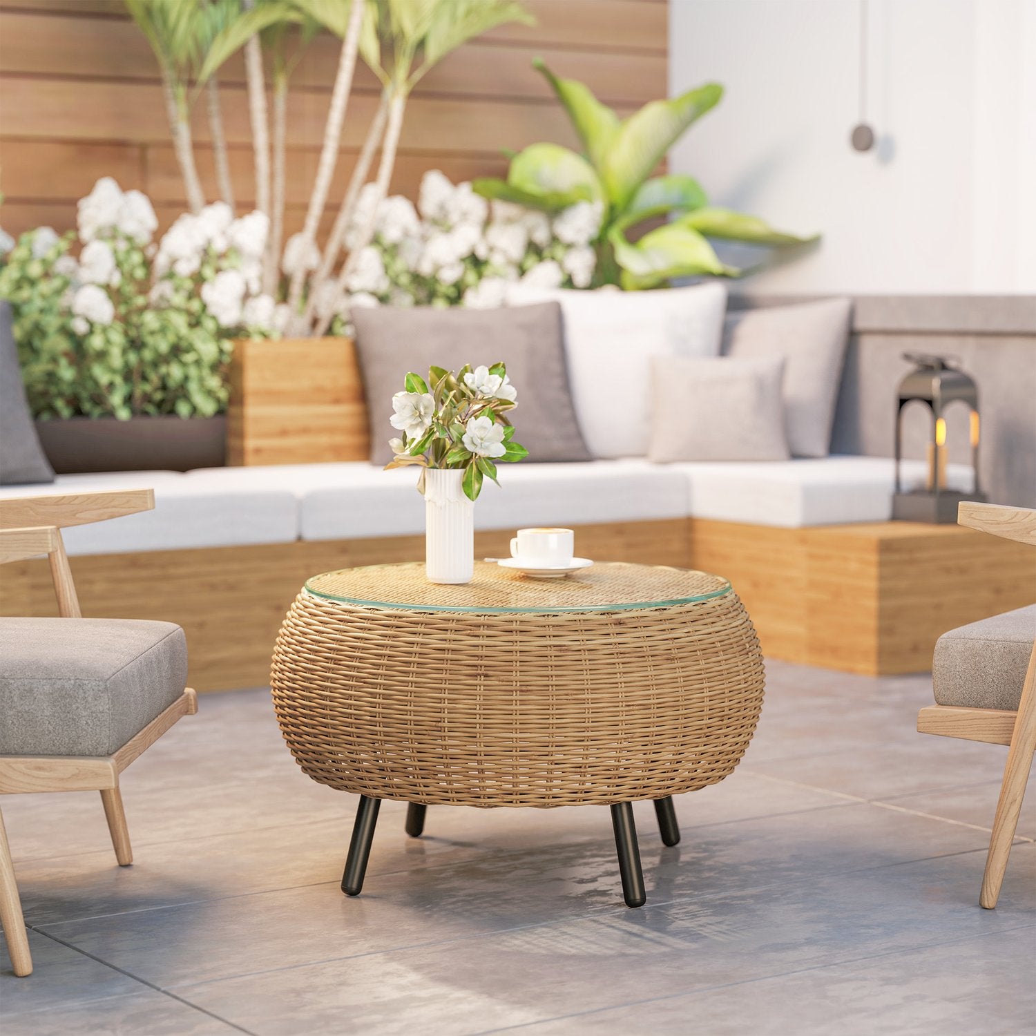 Runt soffbord i polyrattan med glasskiva – Ø75 x 42 cm