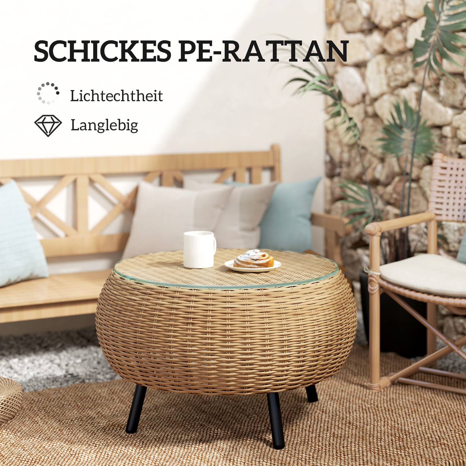 Runt soffbord i polyrattan med glasskiva – Ø75 x 42 cm