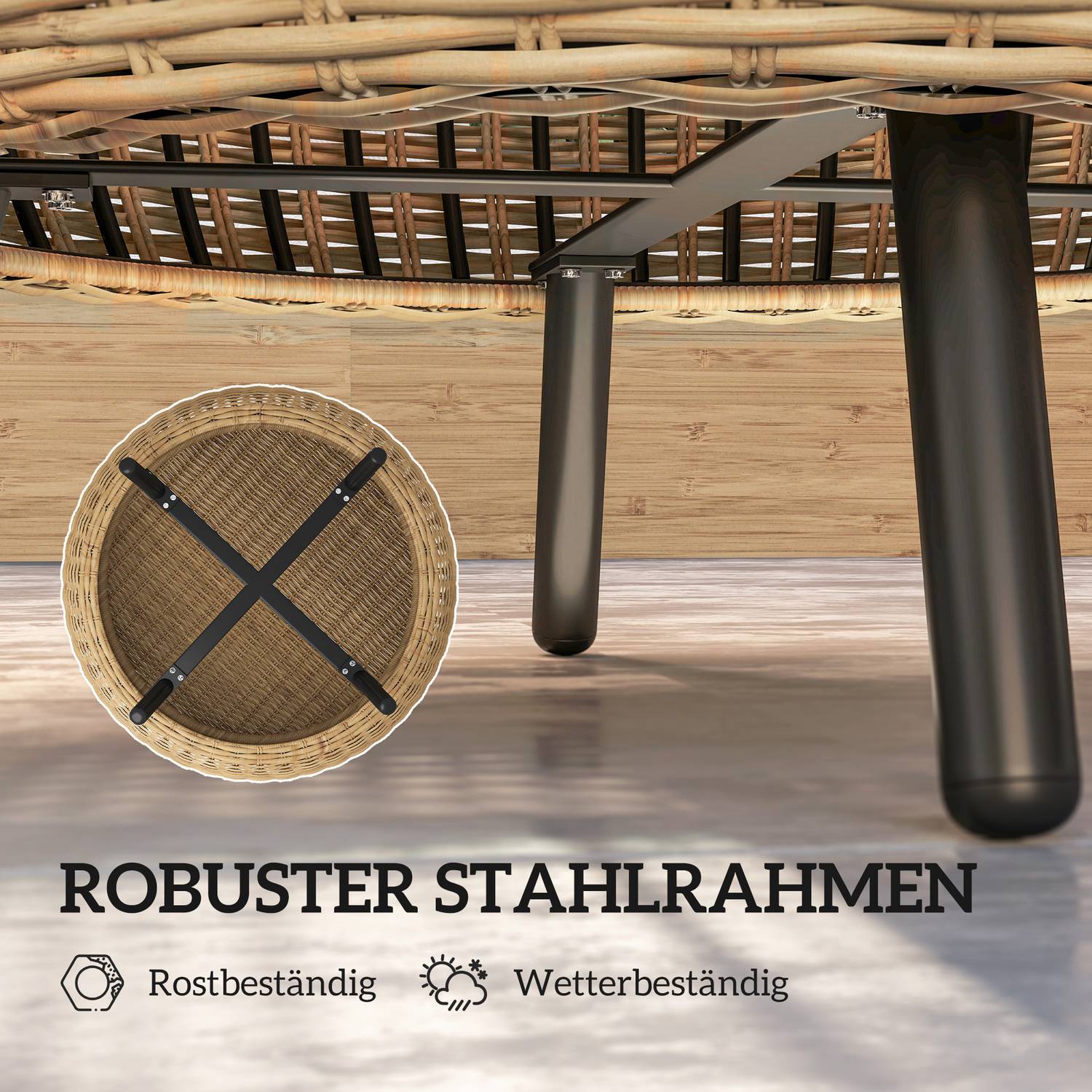 Runt soffbord i polyrattan med glasskiva – Ø75 x 42 cm