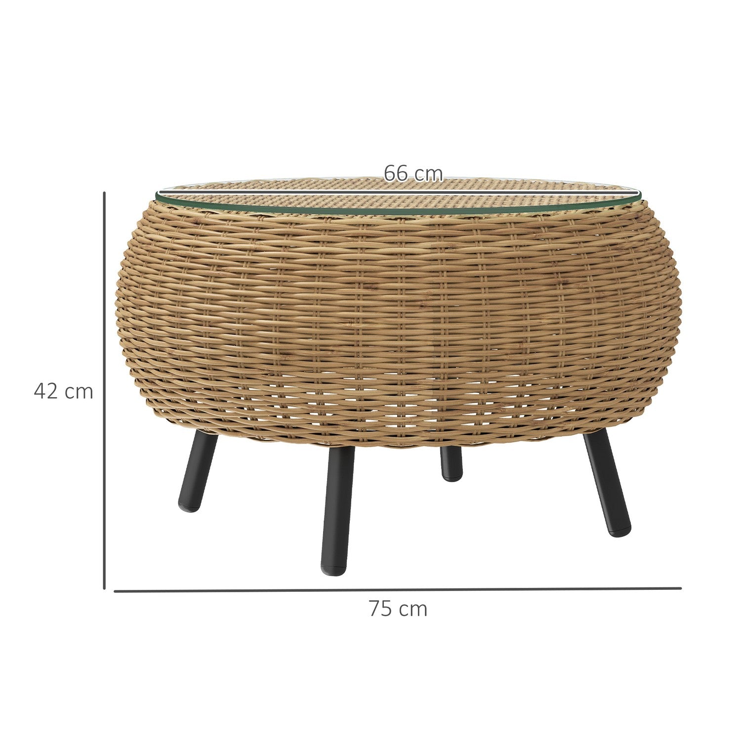 Runt soffbord i polyrattan med glasskiva – Ø75 x 42 cm