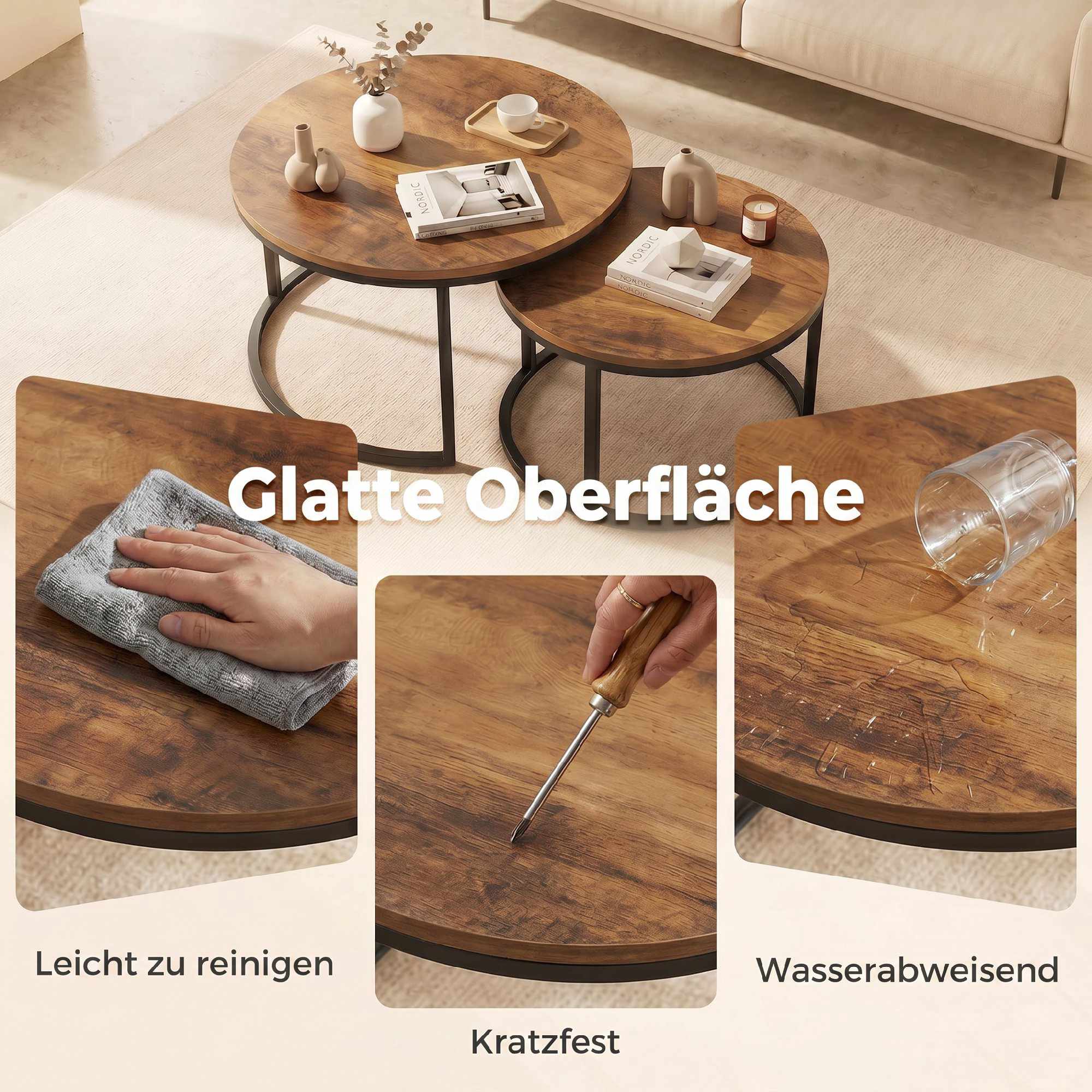 Runt soffbordsset med 2 delar, metallram, brunt