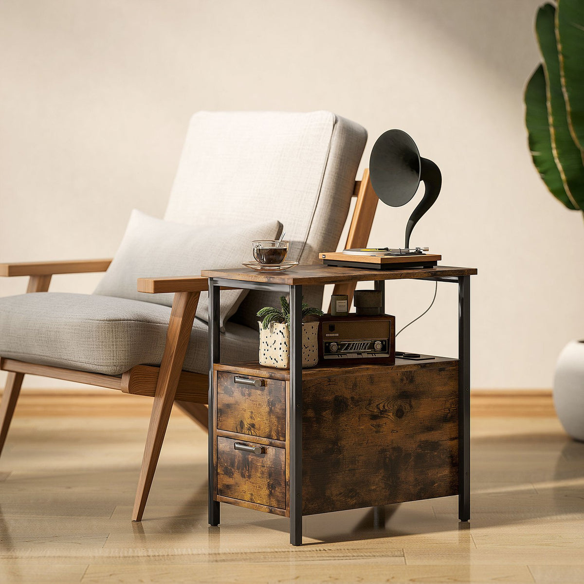 Table d'appoint marron rustique avec station de charge et rangement