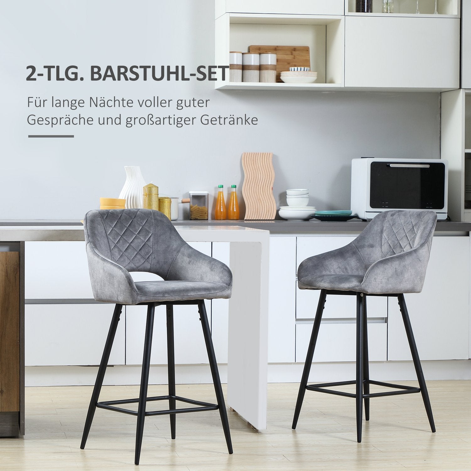 Sammetsbarstolar Set om 2, stålgrå, med fotstöd
