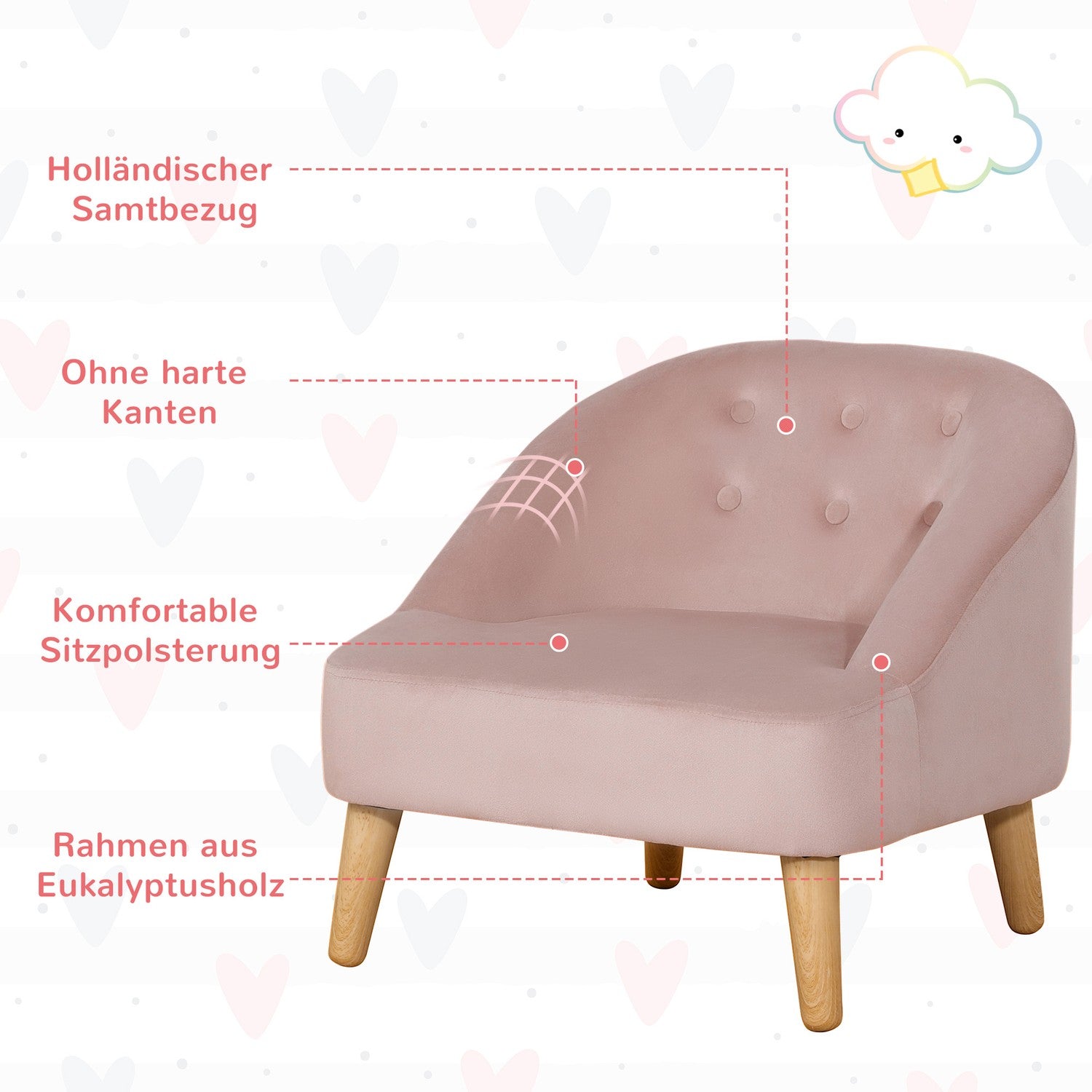 Sammetsfåtölj för barn med fotpall – Rosa, bekväm