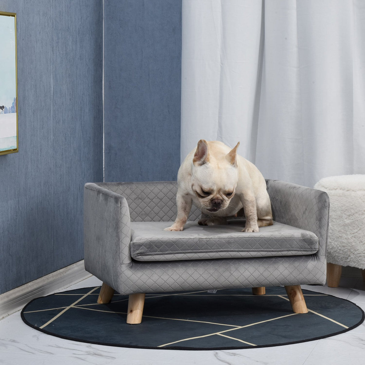 Divano in velluto per cani di piccola taglia, gambe in legno, grigio