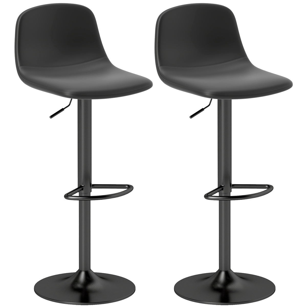 Set med 2 barstolar, barstolar med konstläderklädsel, vridbar, med ryggstöd och fotstöd, metallfot, svart