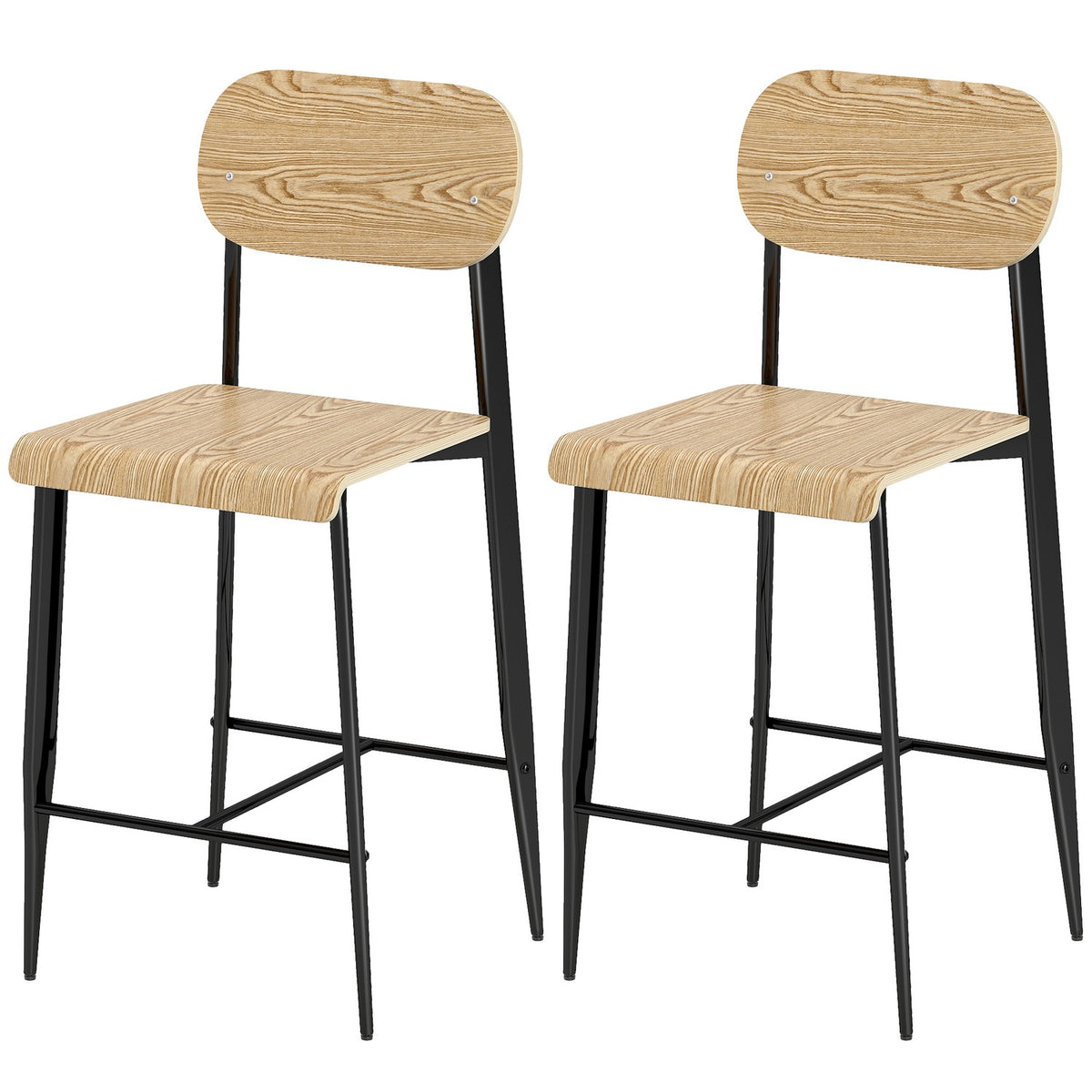 Set med 2 barstolar, barstolar med ryggstöd och metallram, trä, ljusbrun