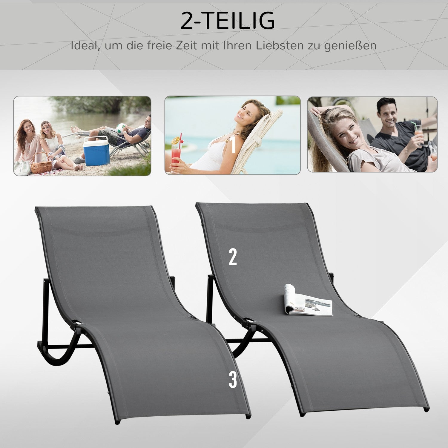 Set med 2 ergonomiska solstolar, mörkgrå textilen