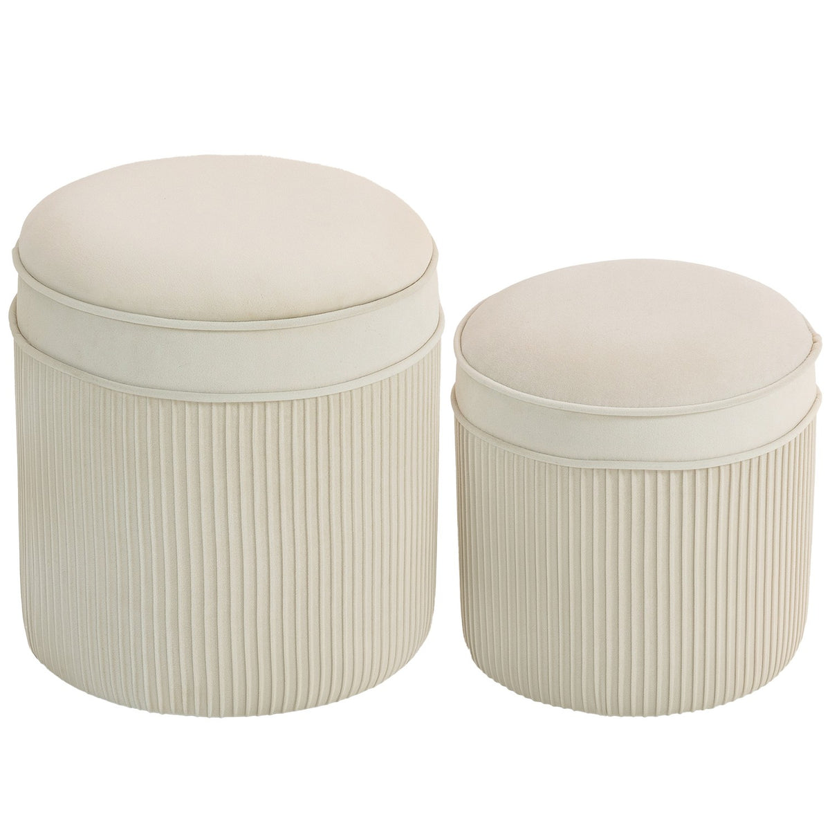 Set med 2 förvaringsfotpallar, rund sammet, krämfärgad, 36x36x41,5 cm