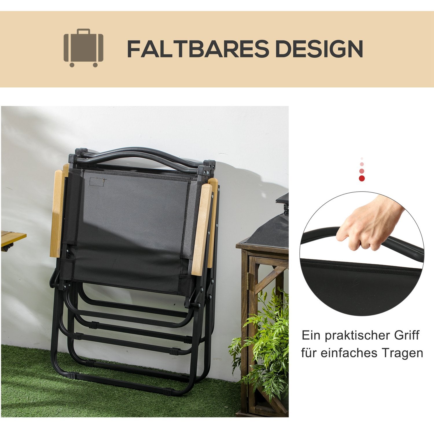 Set med 2 hopfällbara campingstolar, svart stålram