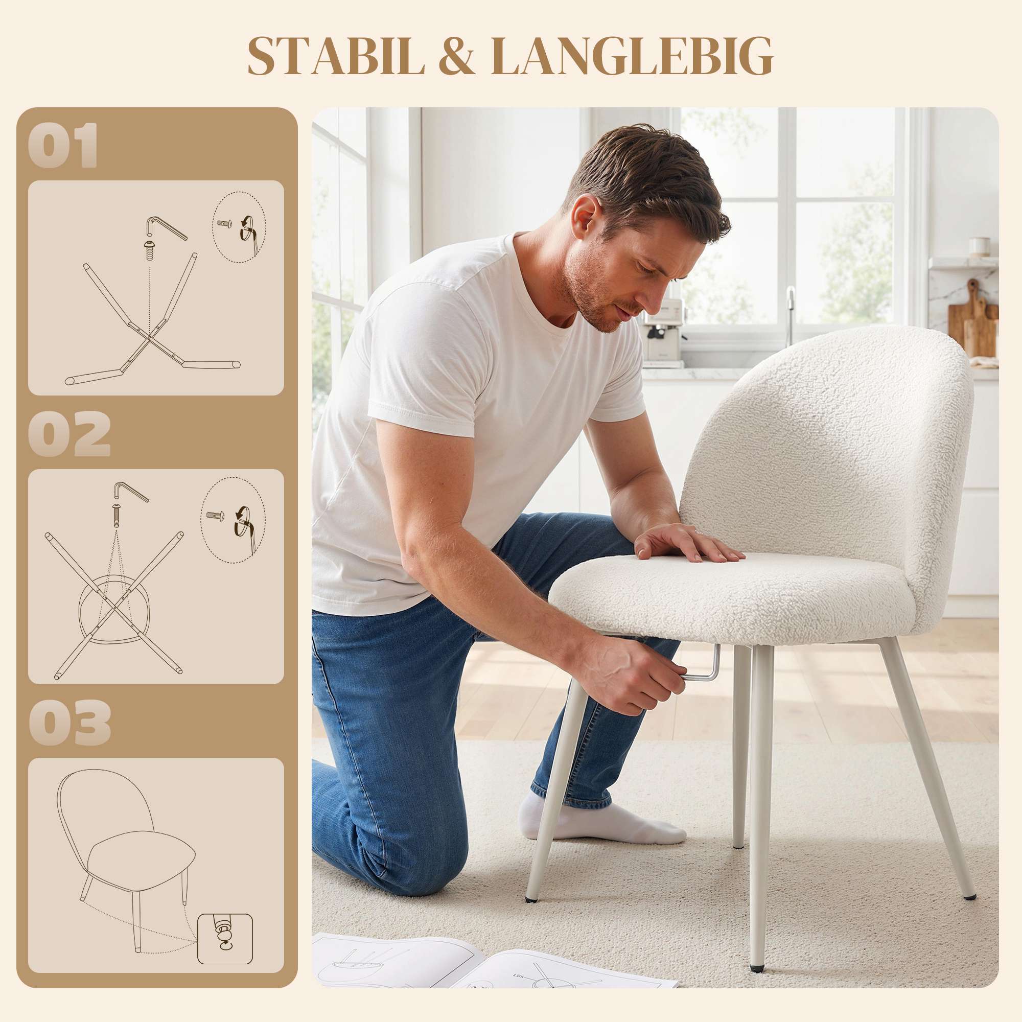 Set med 2 krämfärgade matstolar, chenilleklädsel, 120 kg kapacitet