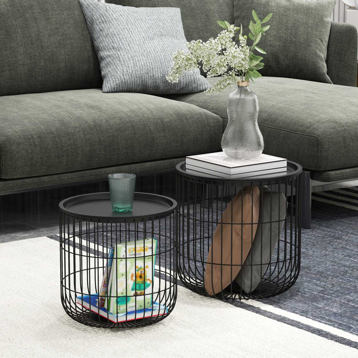 Set med 2 soffbord i svart stål med förvaring
