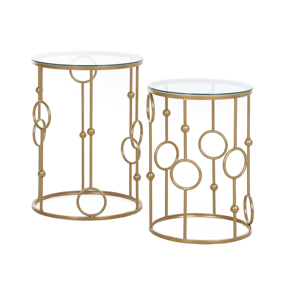 Set med 2 soffbord, sidobord med glasskivor, vardagsrumsbord med båge och bolldesign Ø41 x 57 cm, guld