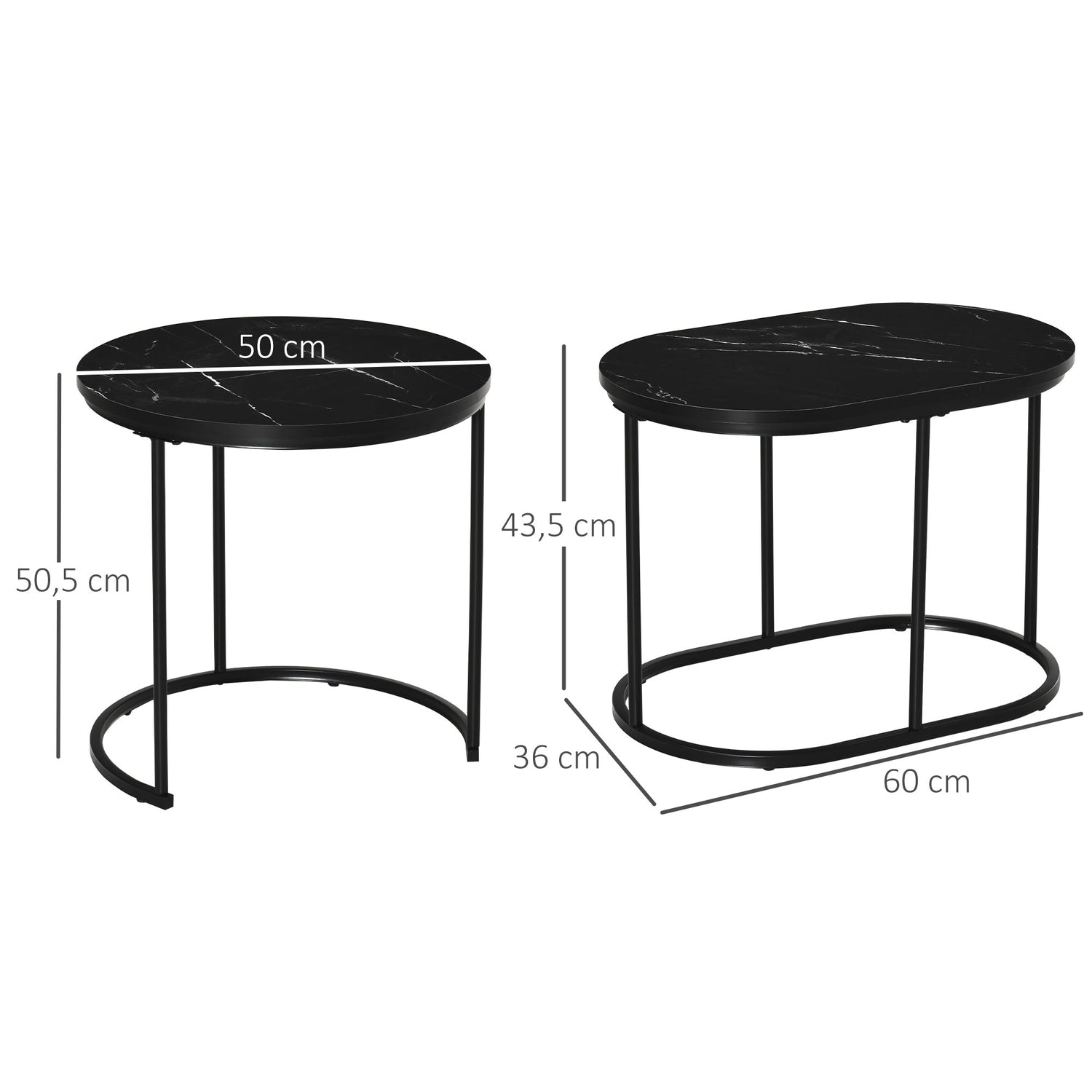 Set med 2 stapelbara runda soffbord, fuskmarmor, svart