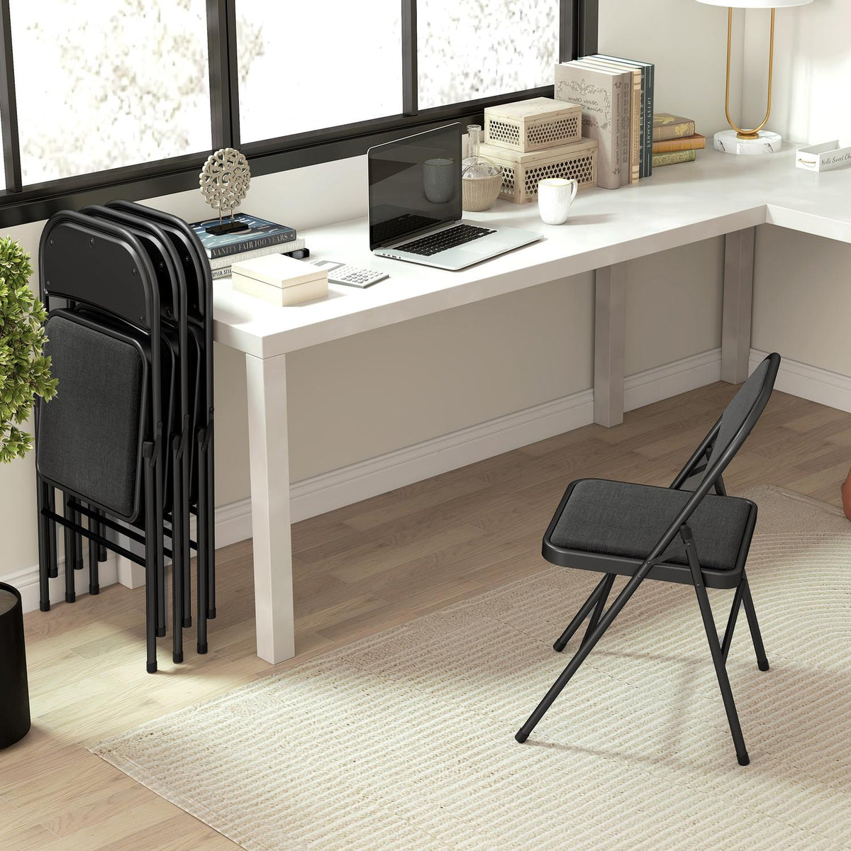 Set med 4 hopfällbara stolar, bärbara kontorsstolar, metallben, hopfällbar stol för kontor, reception, väntrum, linnelook, svart
