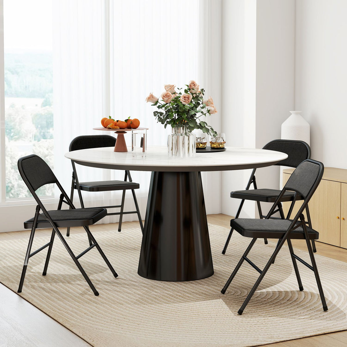 Set med 4 hopfällbara stolar, bärbara kontorsstolar, metallben, hopfällbar stol för kontor, reception, väntrum, linnelook, svart