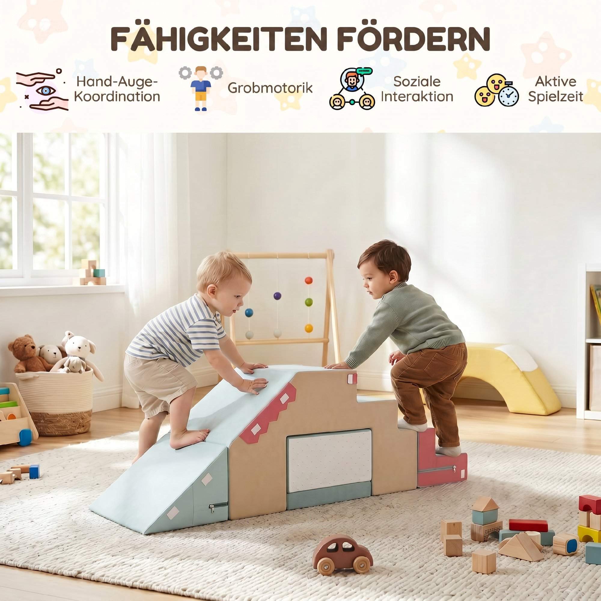 Set med klätterblock i skum för småbarn, 2 delar, avtagbara överdrag, blå