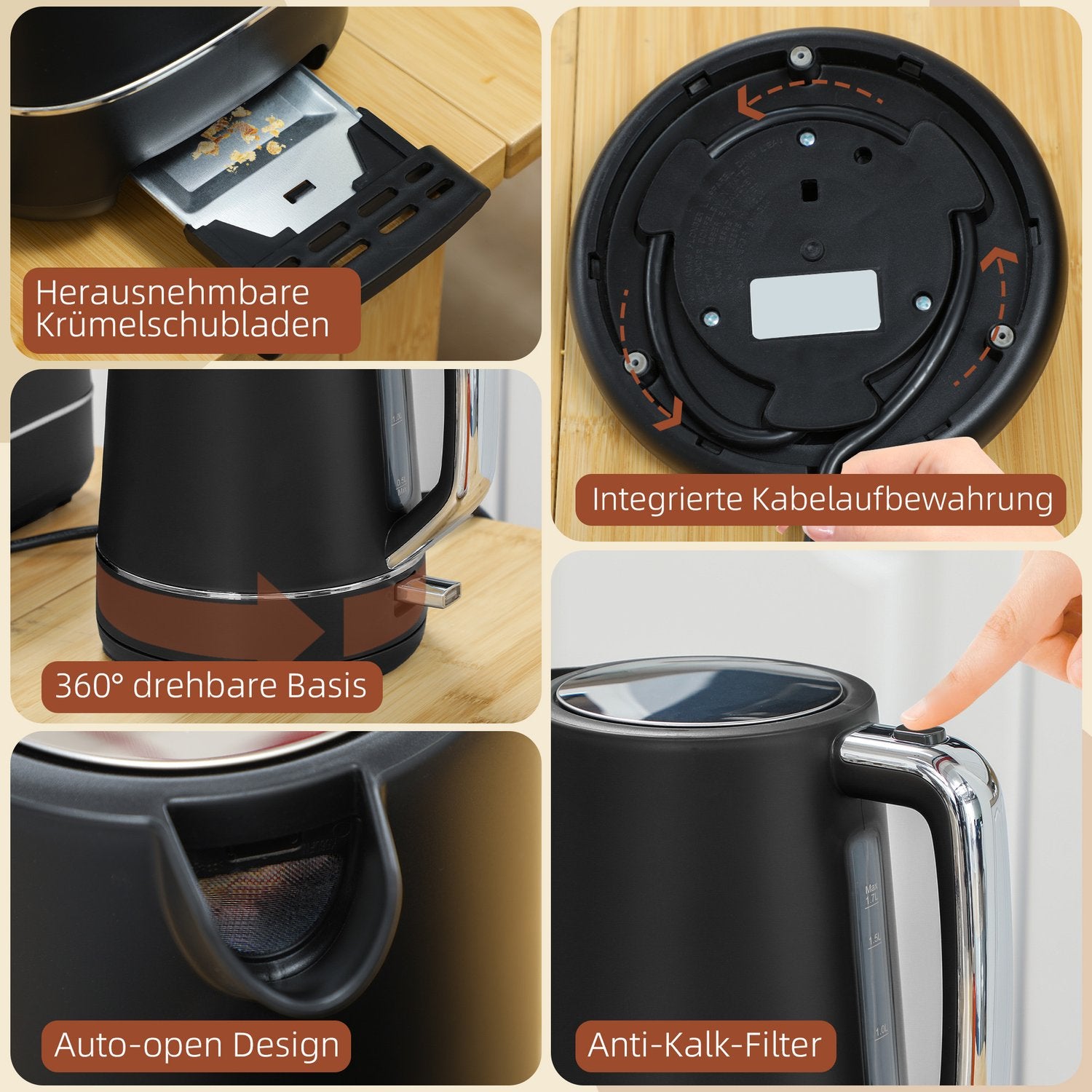 Set med vattenkokare och brödrost – 2200W, 1,7L, 6-nivåer Browning, svart