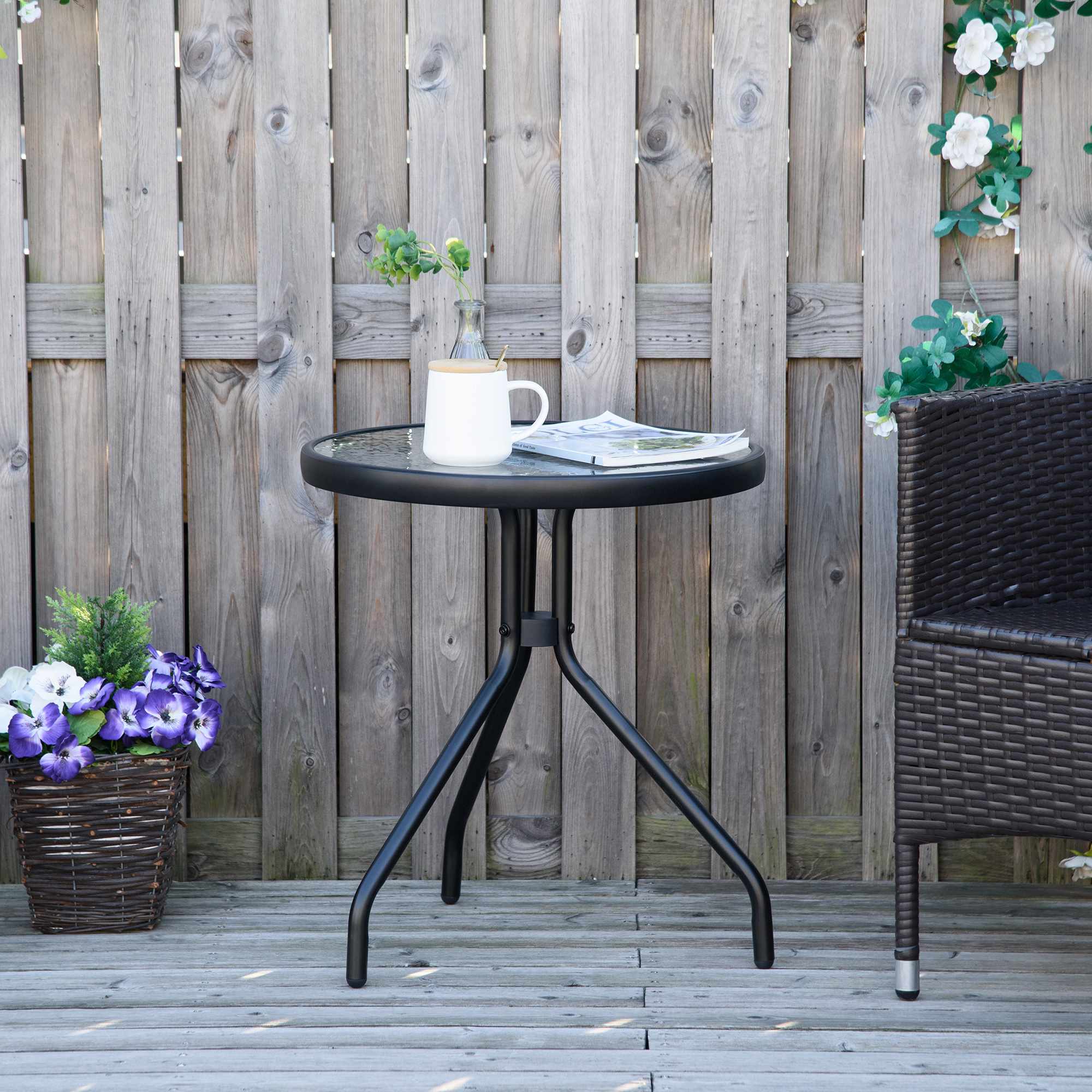 Sidobord för utomhusbruk, rund glasskiva, metallram, Ø50x55 cm